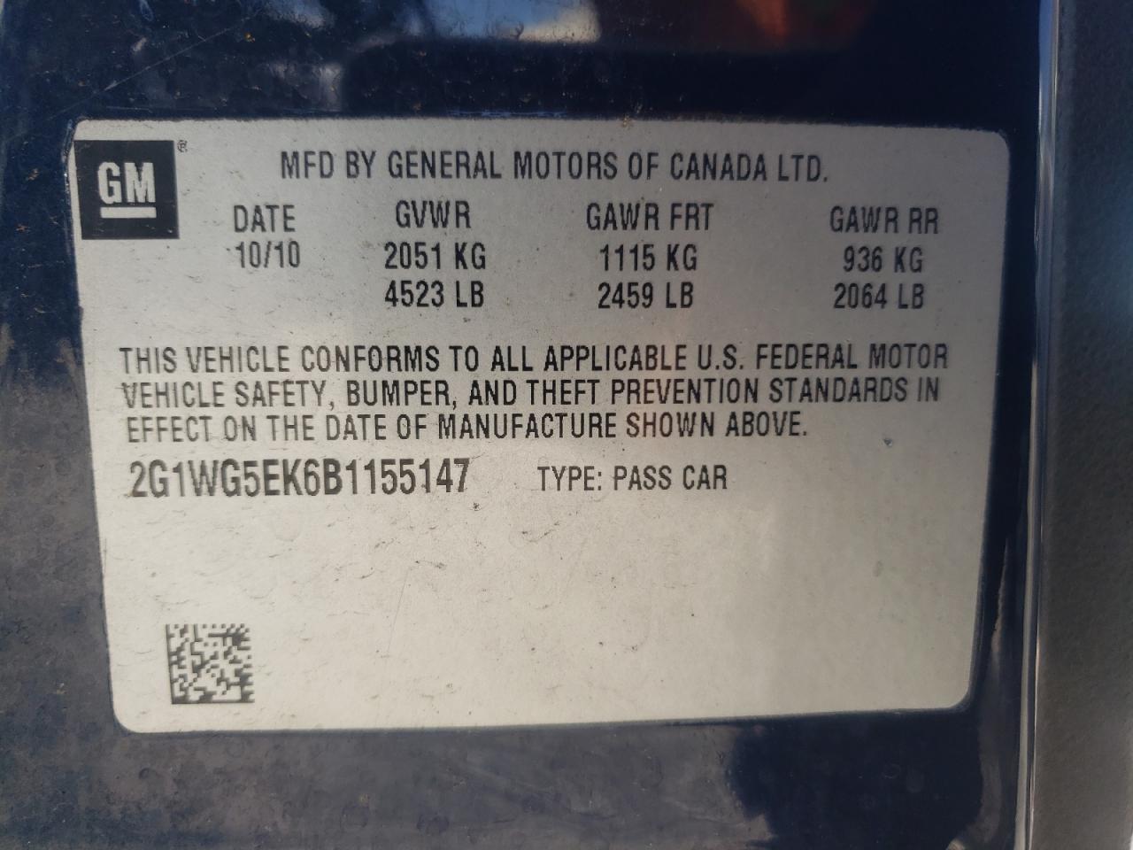 2011 Chevrolet Impala Lt VIN: 2G1WG5EK6B1155147 Lot: 66998364