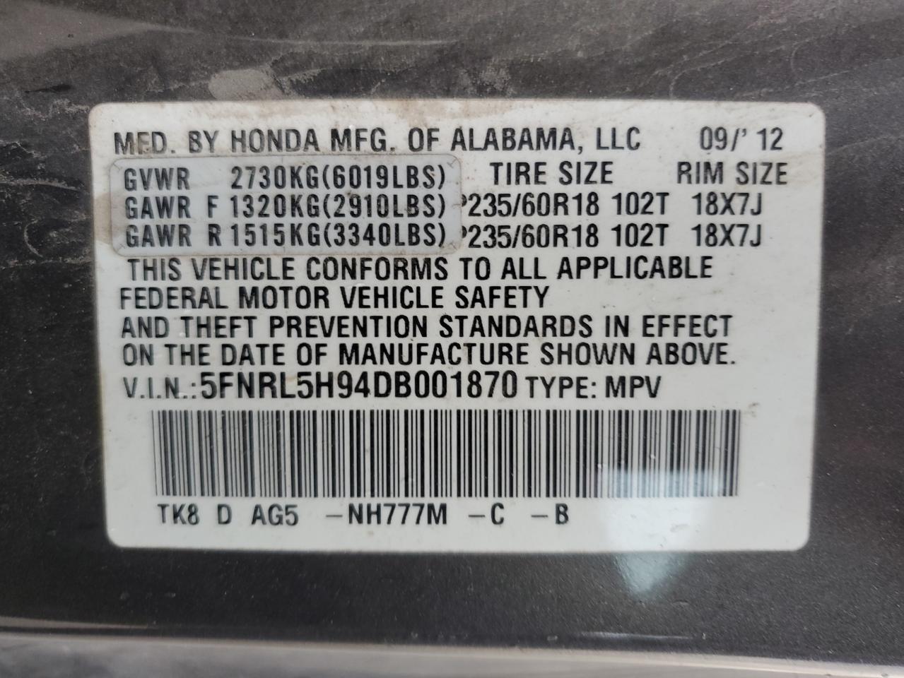 5FNRL5H94DB001870 2013 Honda Odyssey Touring