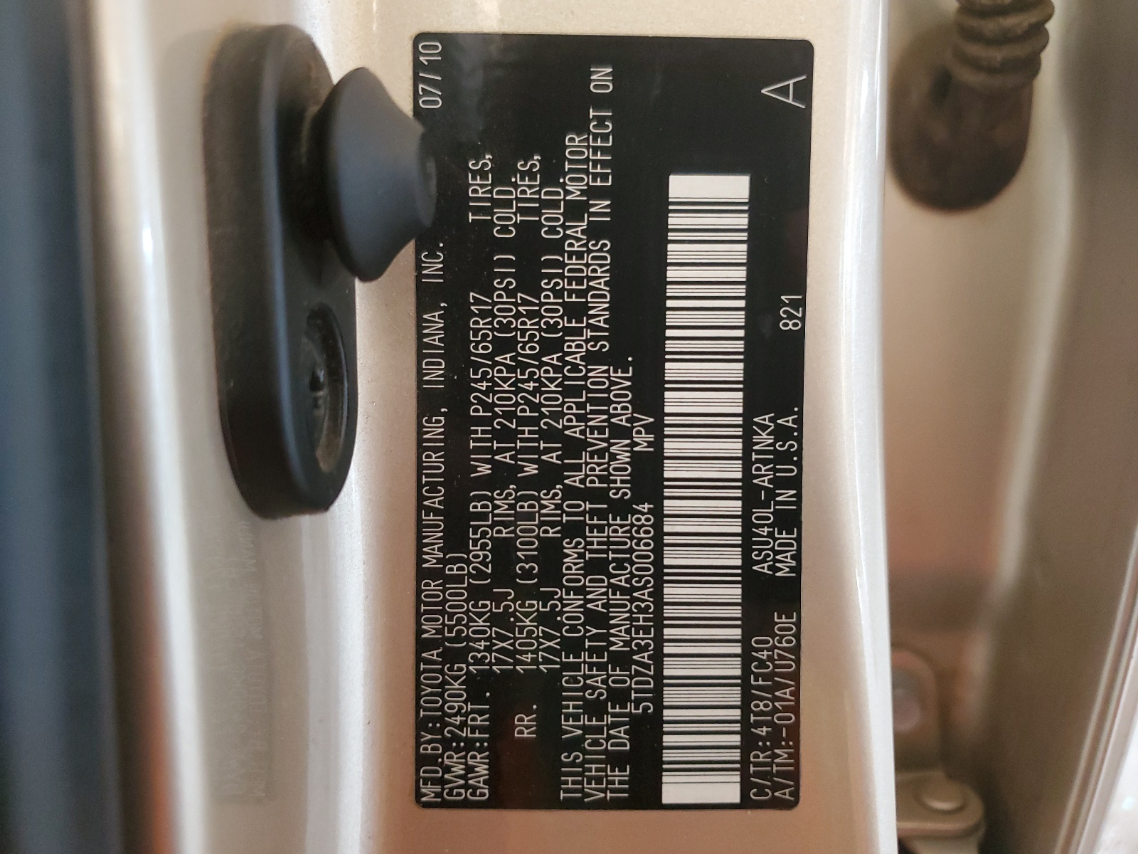 5TDZA3EH3AS006684 2010 Toyota Highlander