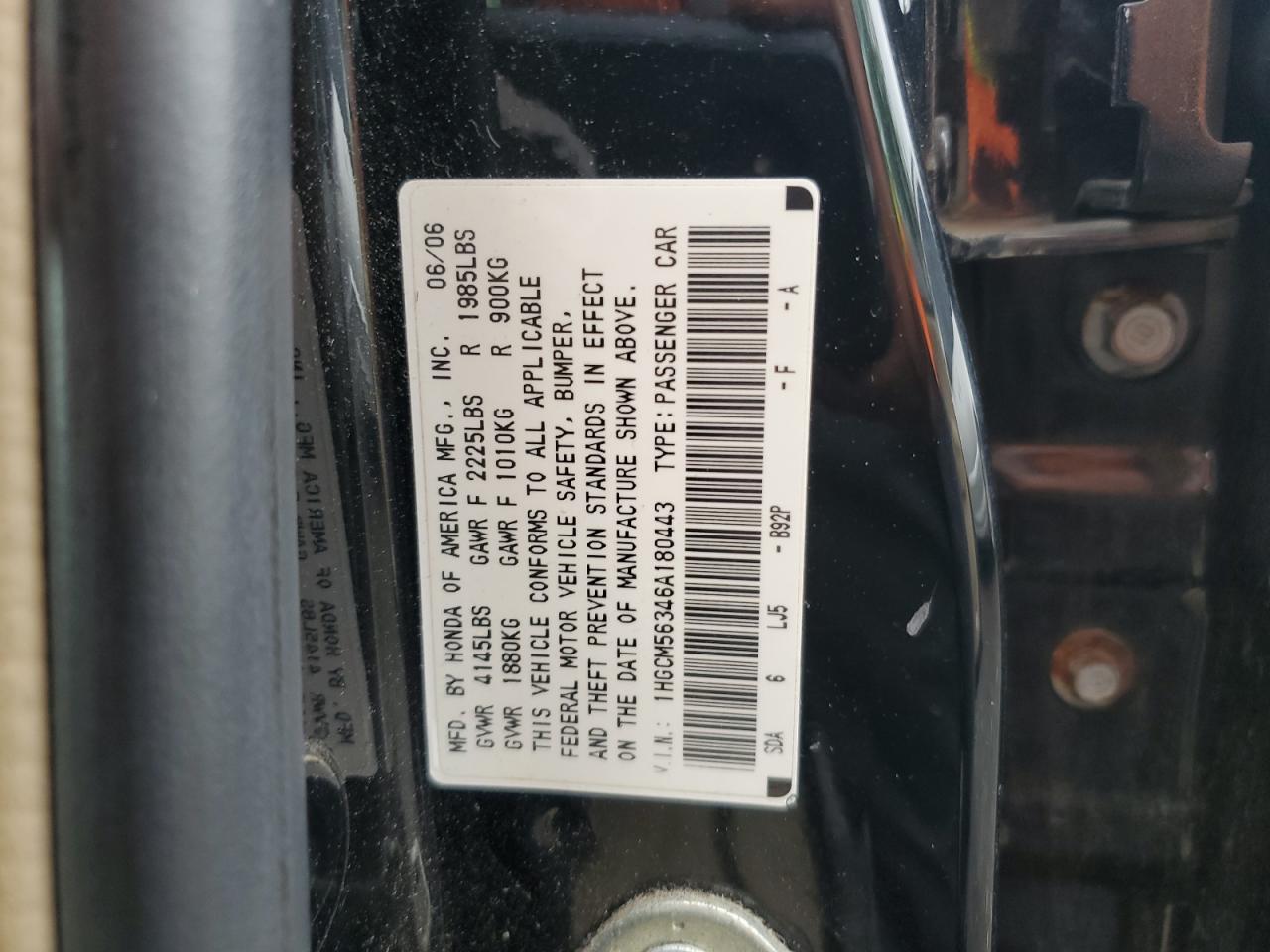 2006 Honda Accord Se VIN: 1HGCM56346A180443 Lot: 66067504