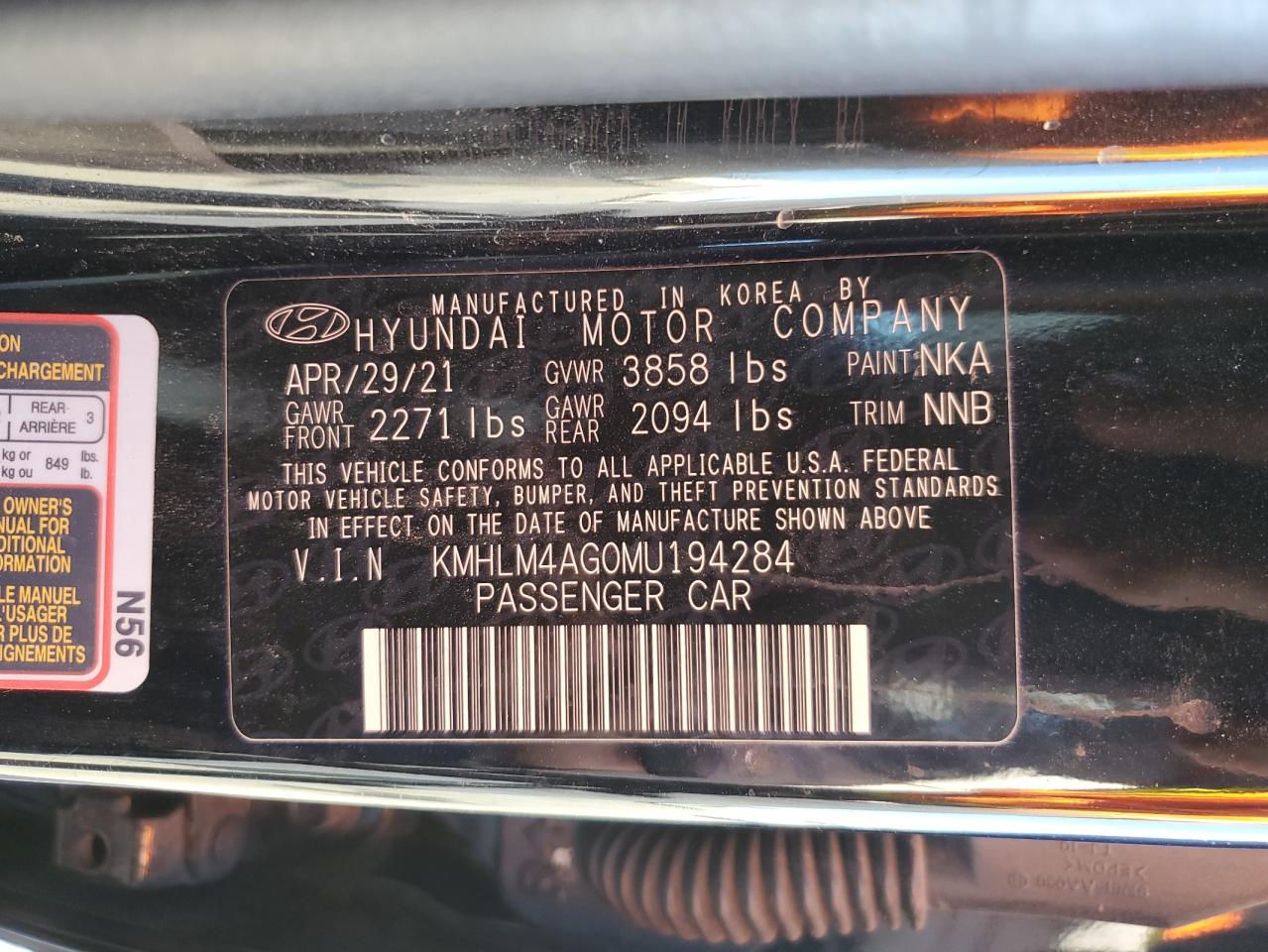 2021 Hyundai Elantra Sel VIN: KMHLM4AG0MU194284 Lot: 68304234