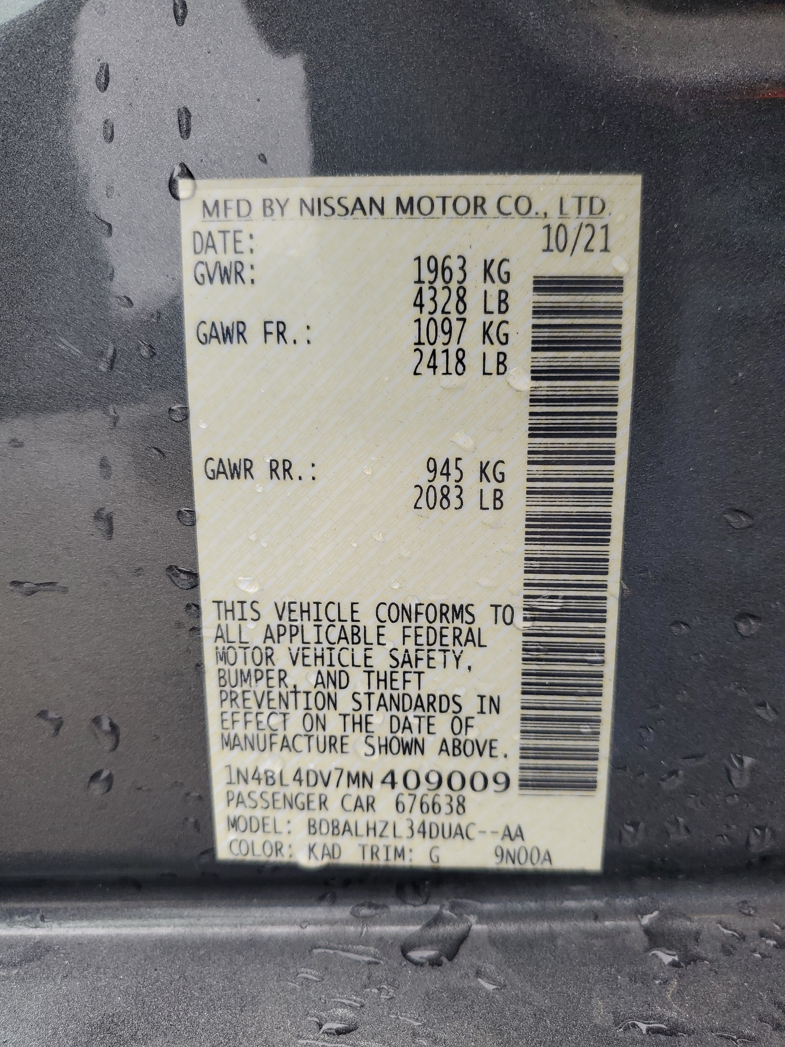 1N4BL4DV7MN409009 2021 Nissan Altima Sv 1N4BL4DV7MN409009 2021 Nissan Altima Sv