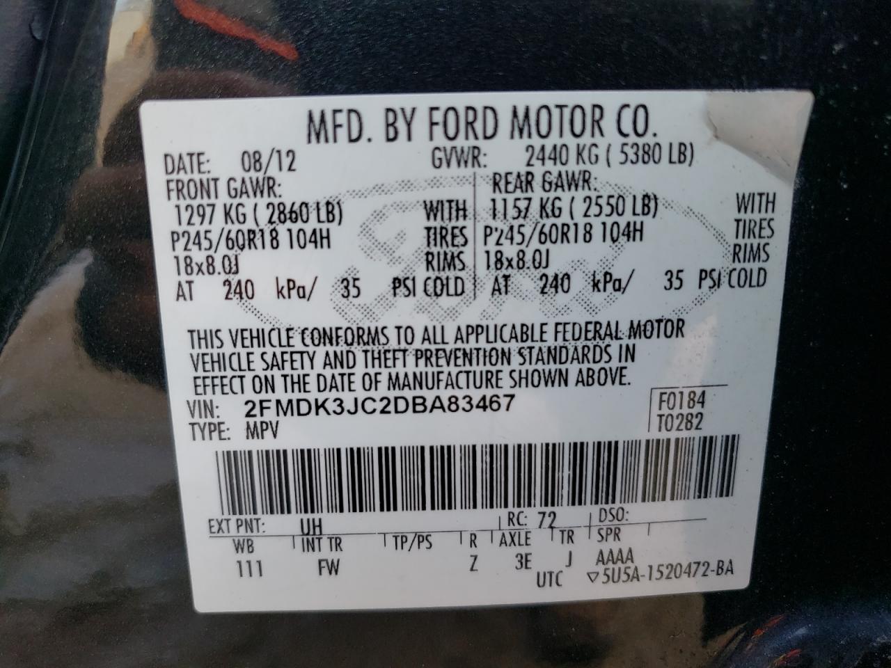 2013 Ford Edge Sel VIN: 2FMDK3JC2DBA83467 Lot: 68189294