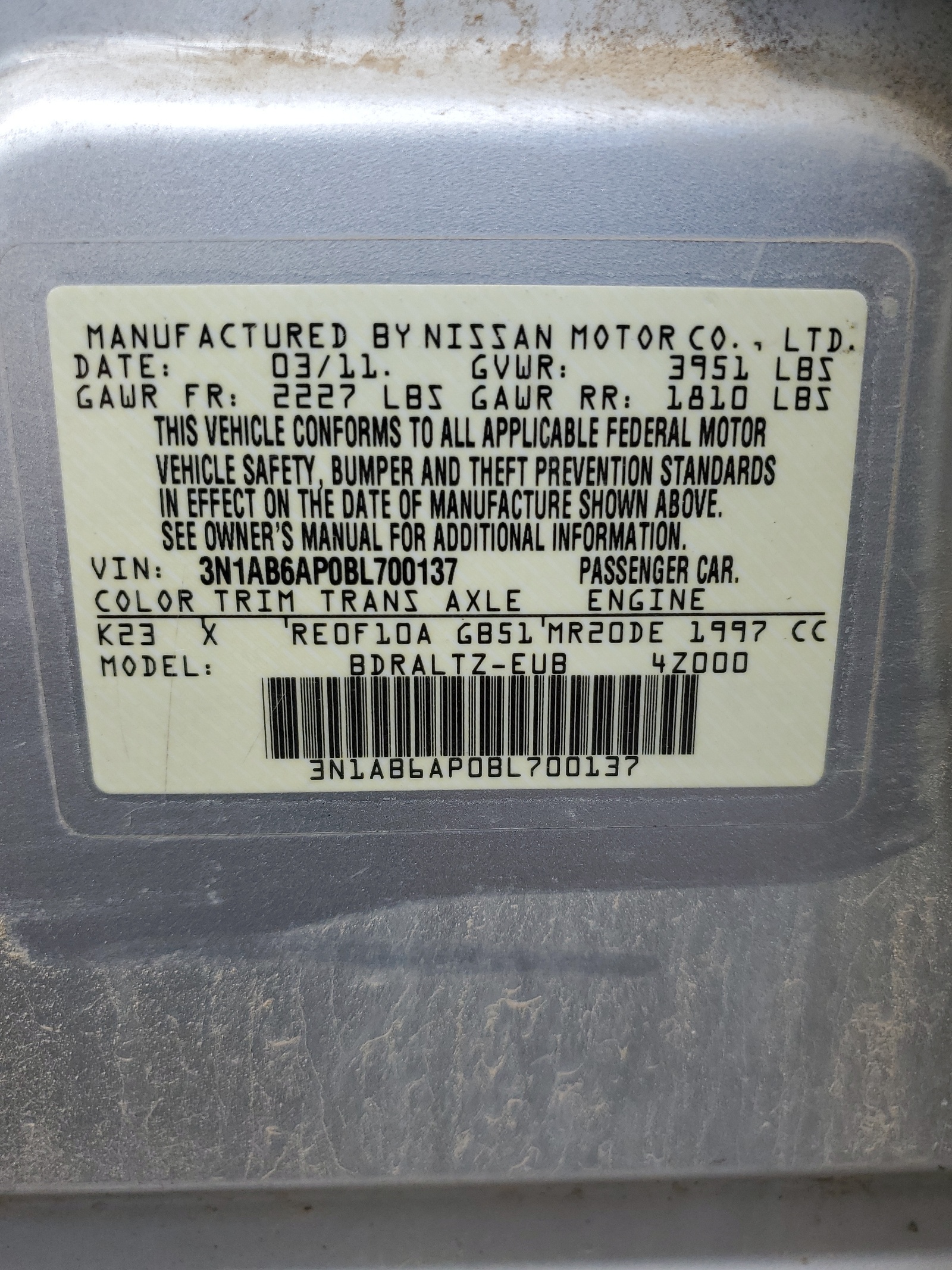 3N1AB6AP0BL700137 2011 Nissan Sentra 2.0