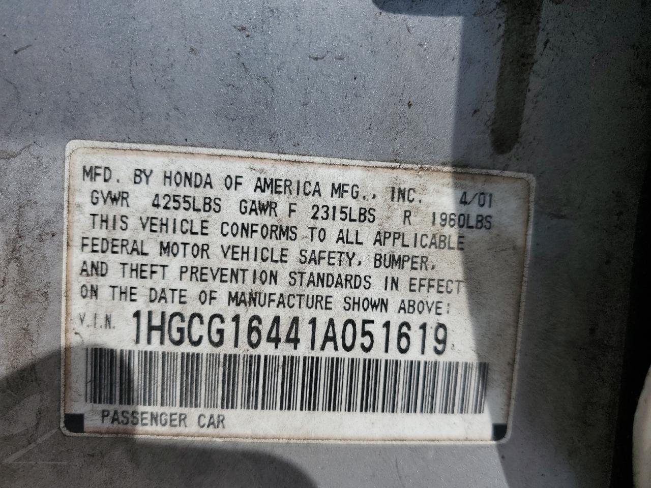 2001 Honda Accord Lx VIN: 1HGCG16441A051619 Lot: 67491694