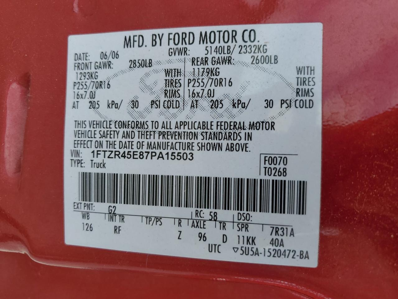 2007 Ford Ranger Super Cab VIN: 1FTZR45E87PA15503 Lot: 66704854