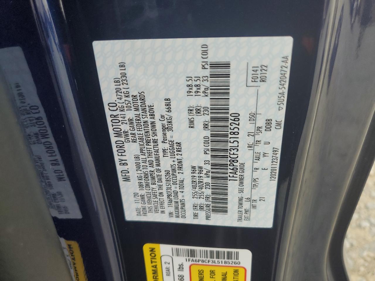 2020 Ford Mustang Gt VIN: 1FA6P8CF3L5185260 Lot: 66186474