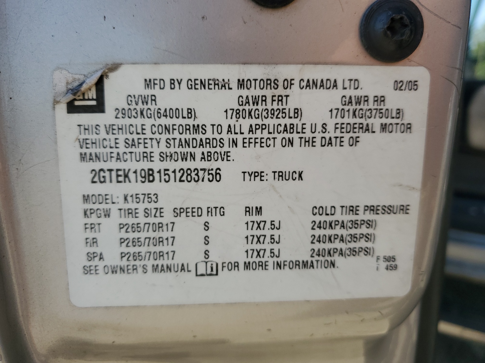 2GTEK19B151283756 2005 GMC New Sierra K1500