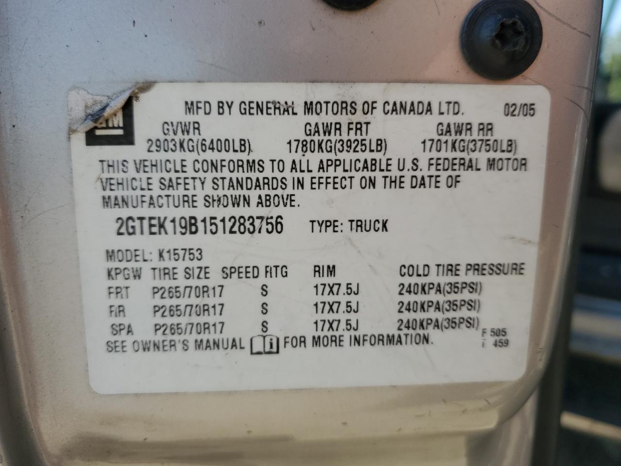 2005 GMC New Sierra K1500 VIN: 2GTEK19B151283756 Lot: 68942544