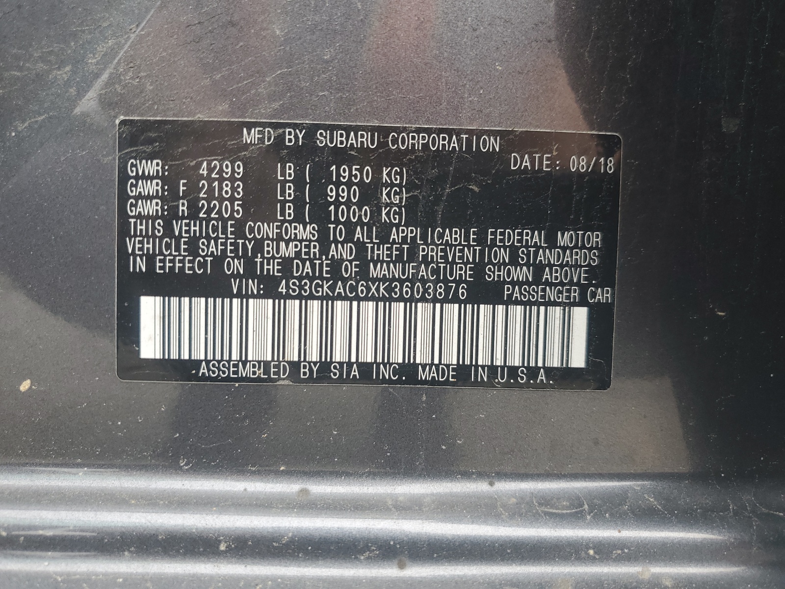 4S3GKAC6XK3603876 2019 Subaru Impreza Premium