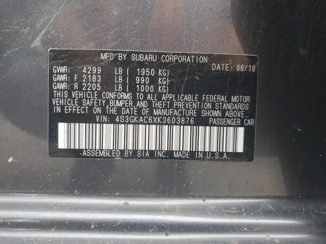 2019 Subaru Impreza Premium VIN: 4S3GKAC6XK3603876 Lot: 66085984