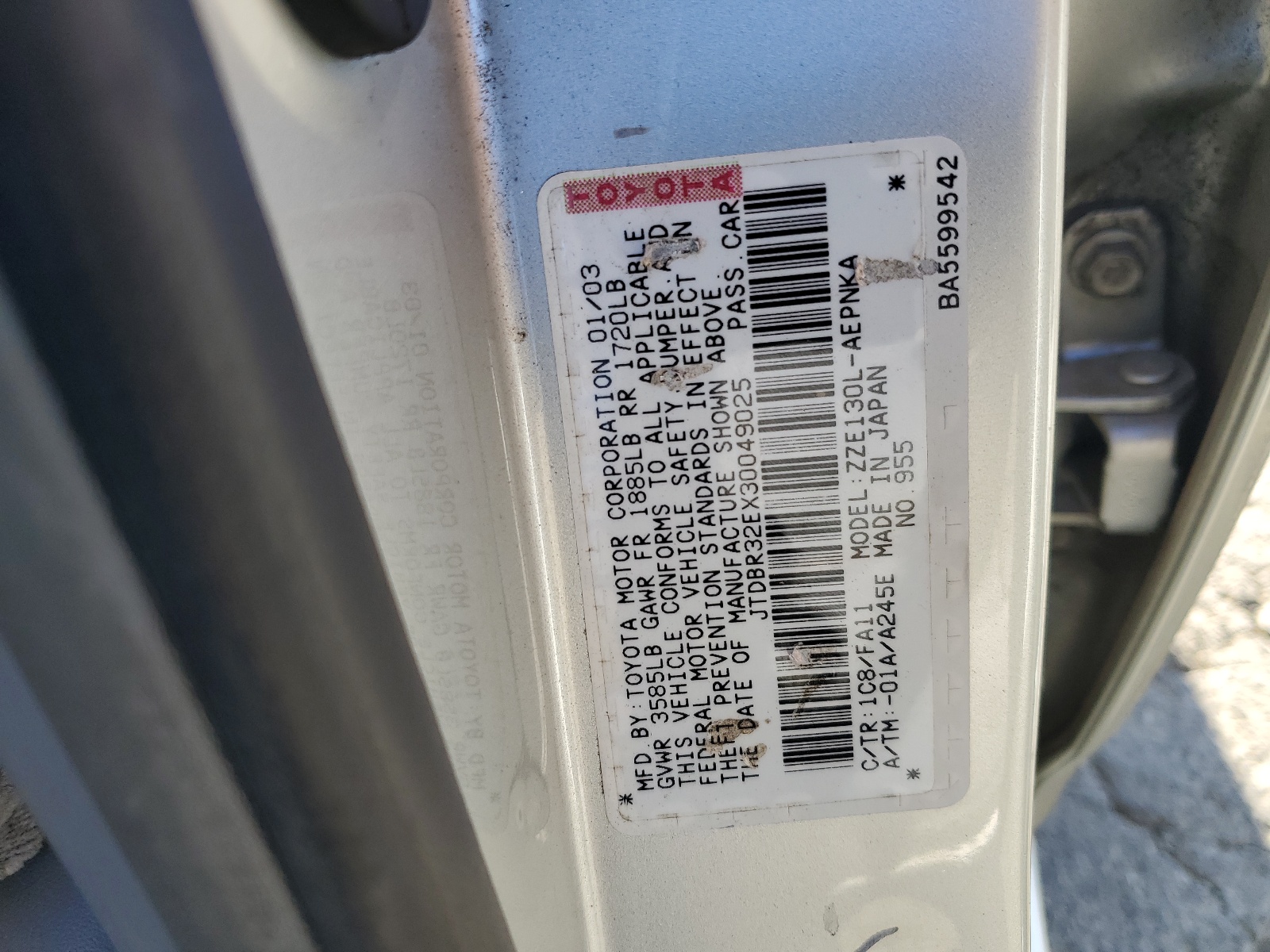 JTDBR32EX30049025 2003 Toyota Corolla Ce