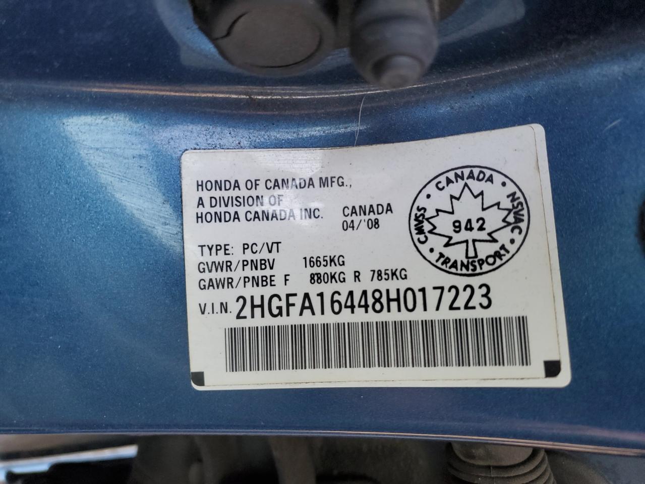 2008 Honda Civic Dx-G VIN: 2HGFA16448H017223 Lot: 66686464