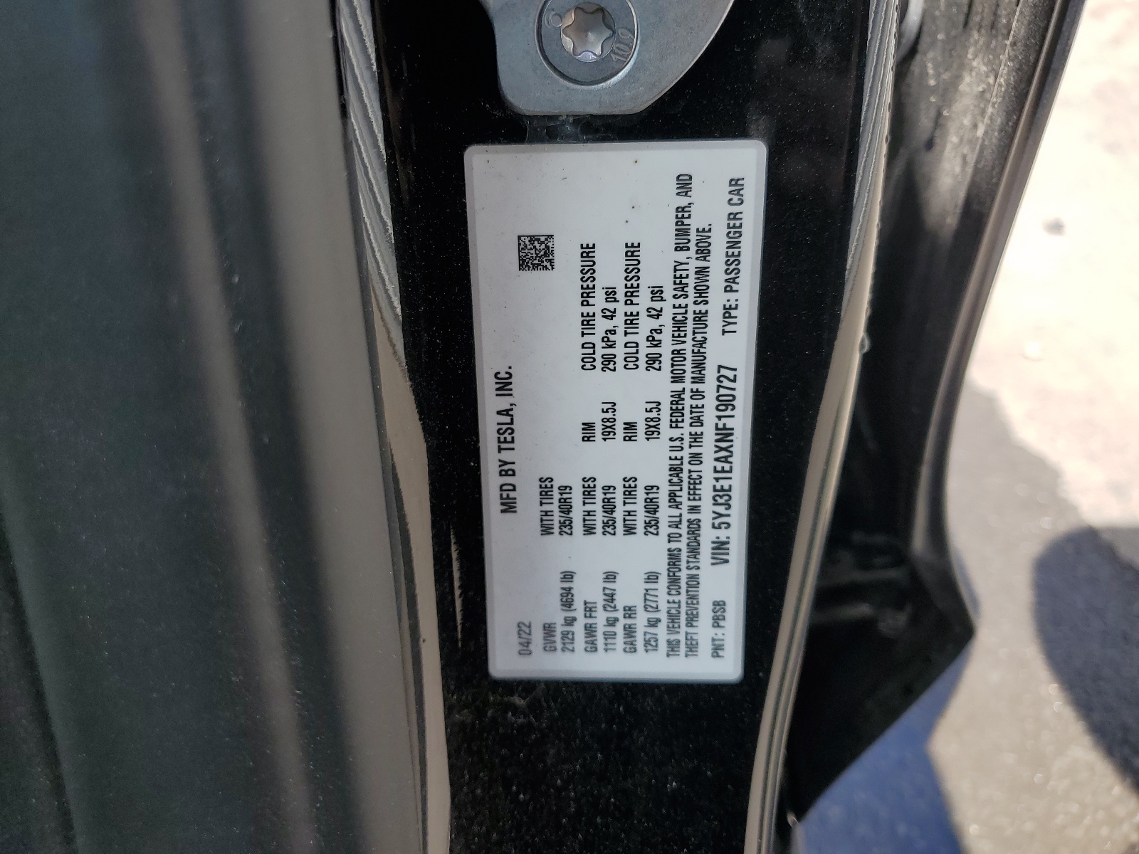 5YJ3E1EAXNF190727 2022 Tesla Model 3