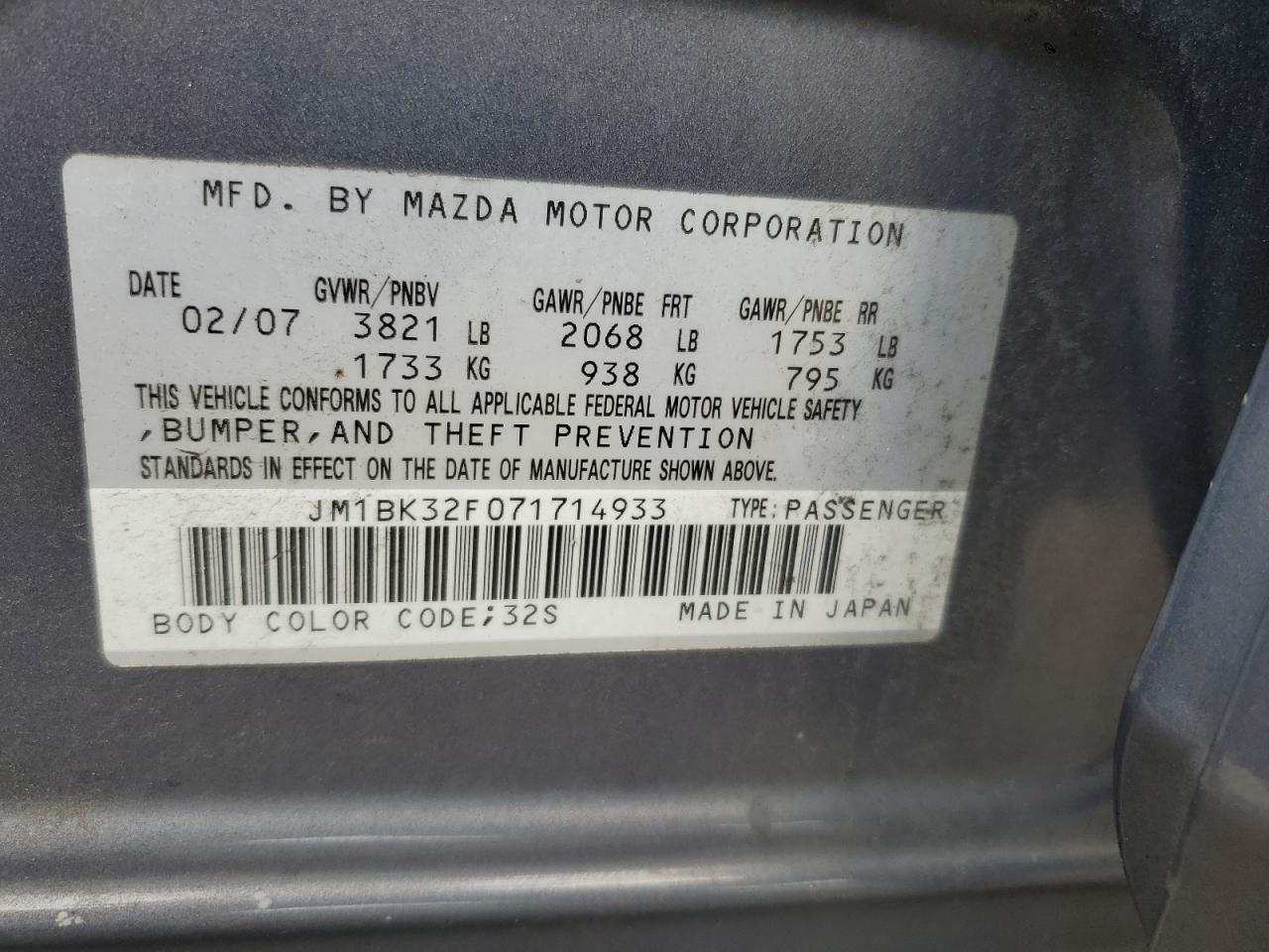 2007 Mazda 3 I VIN: JM1BK32F071714933 Lot: 65878564