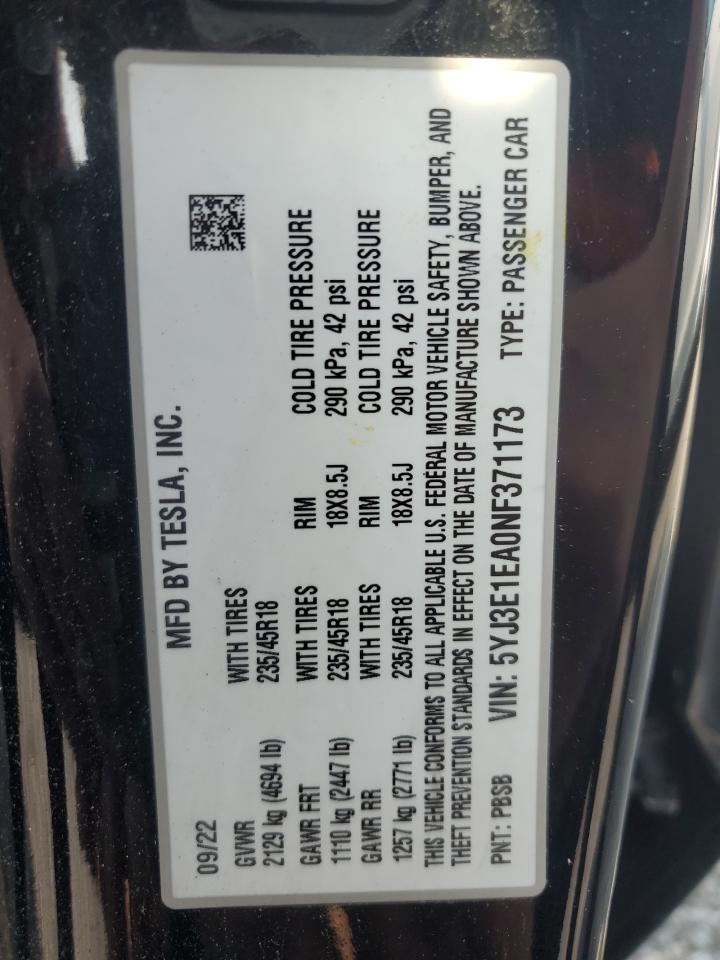 2022 Tesla Model 3 VIN: 5YJ3E1EA0NF371173 Lot: 67467144