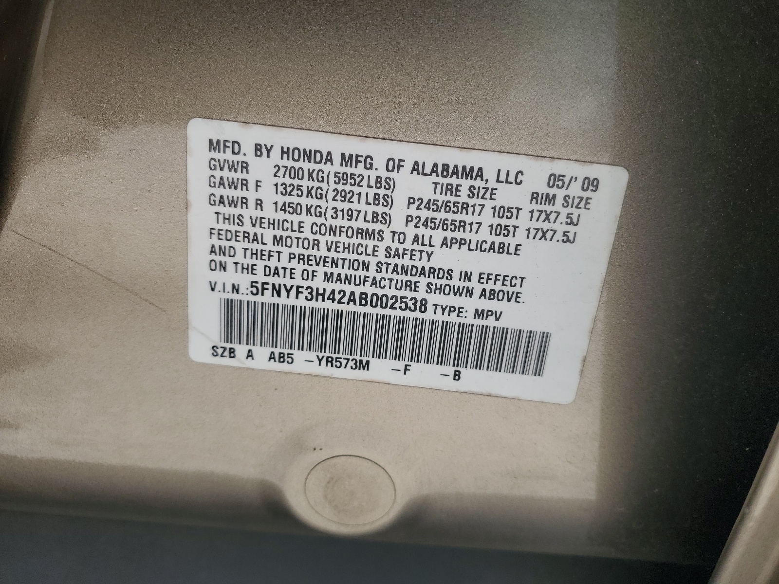 5FNYF3H42AB002538 2010 Honda Pilot Ex