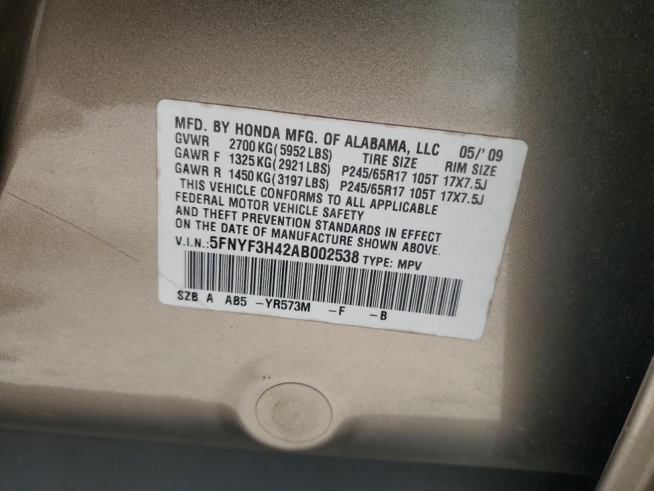 2010 Honda Pilot Ex VIN: 5FNYF3H42AB002538 Lot: 65534094