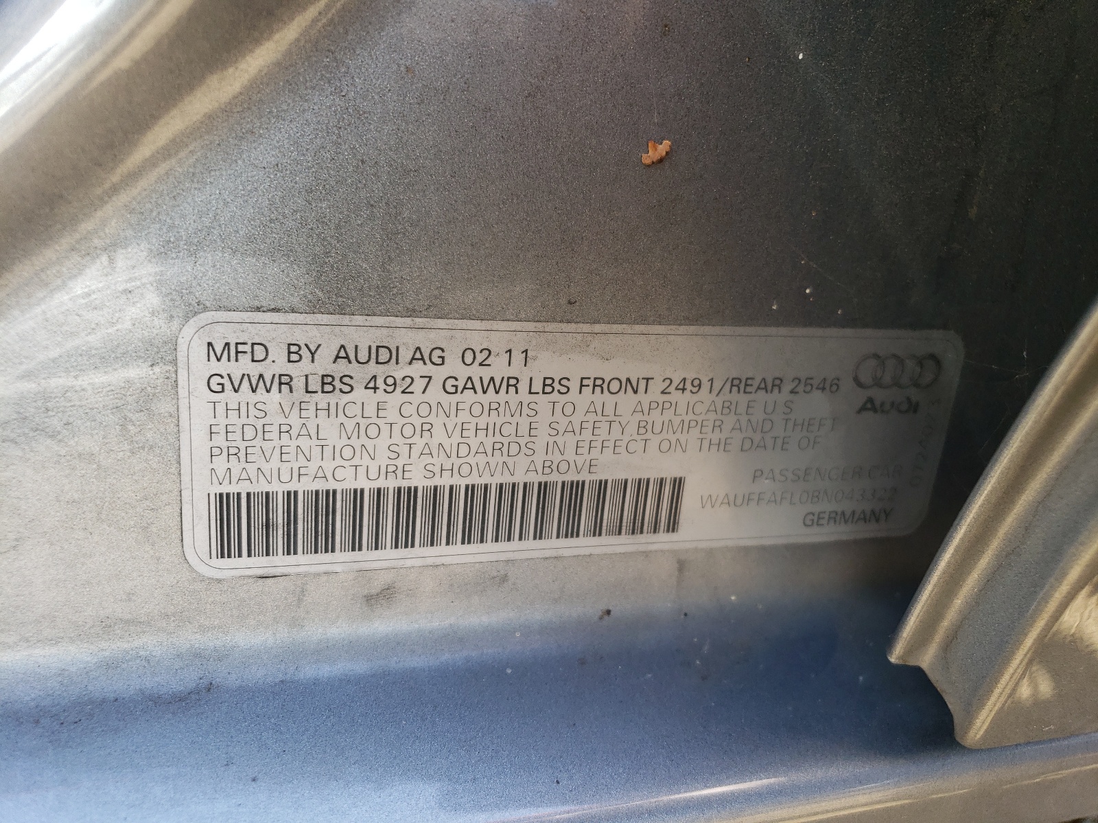 WAUFFAFL0BN043322 2011 Audi A4 Premium Plus