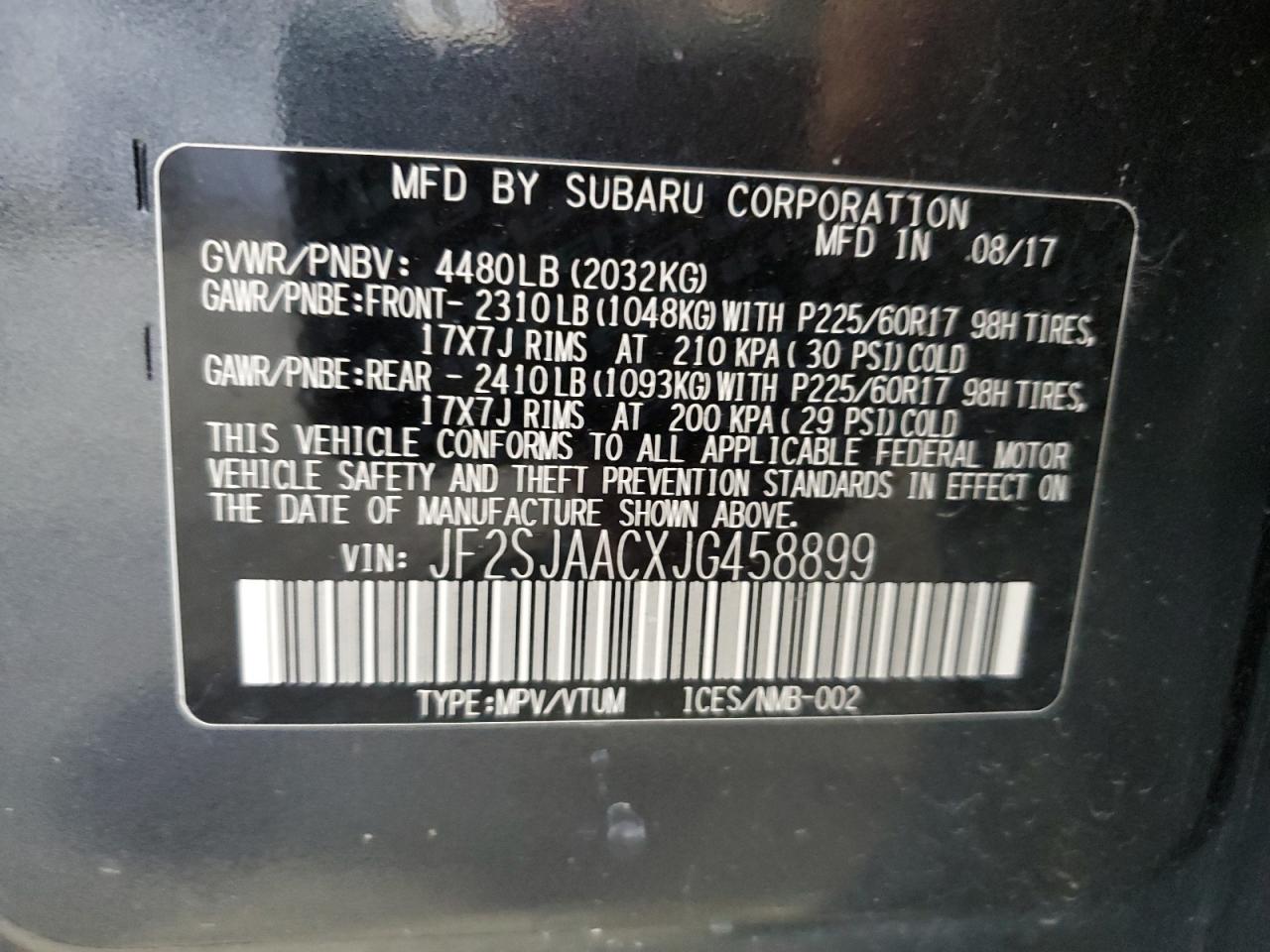 2018 Subaru Forester 2.5I VIN: JF2SJAACXJG458899 Lot: 68520254