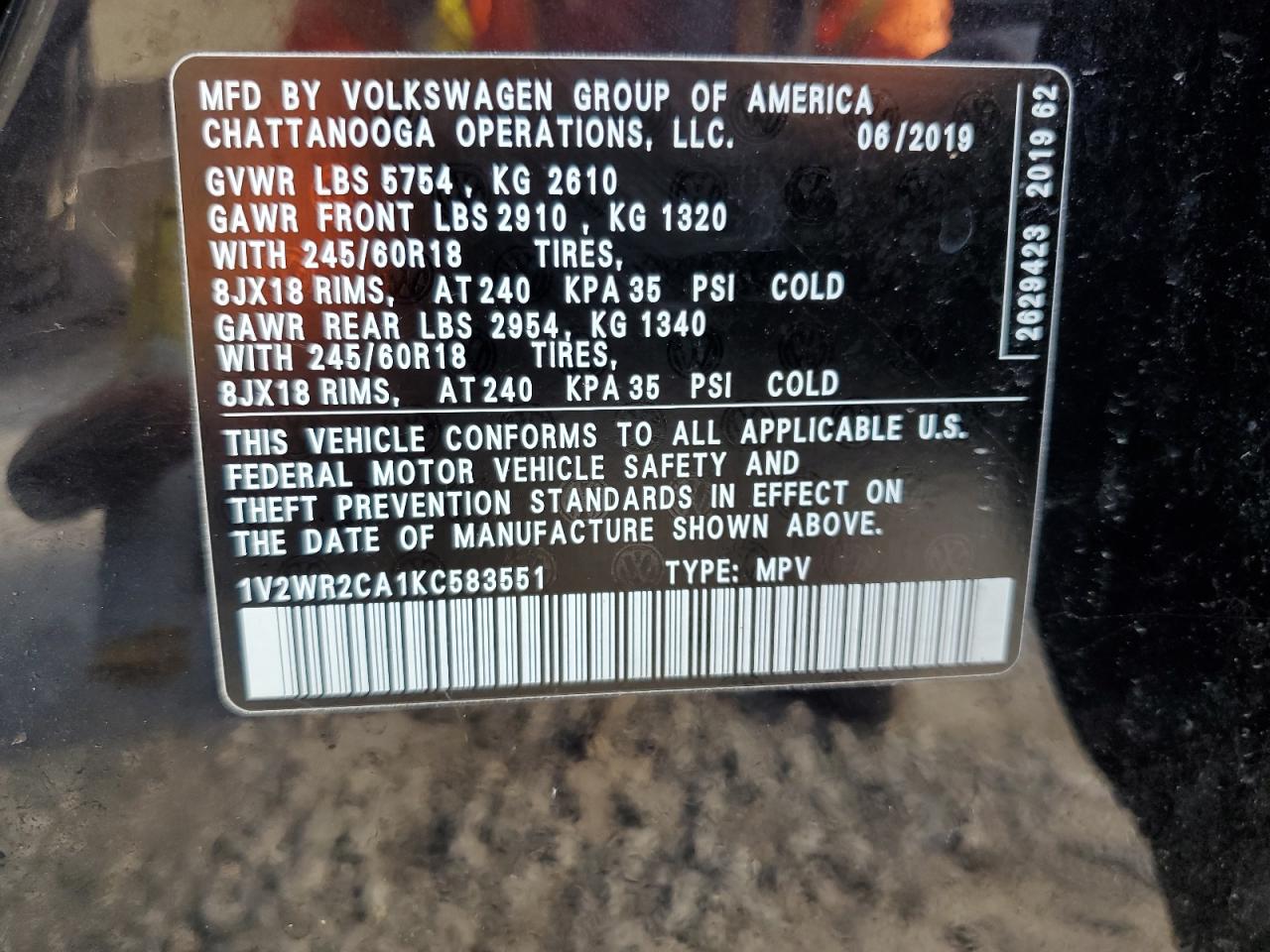 2019 Volkswagen Atlas Se VIN: 1V2WR2CA1KC583551 Lot: 66489274