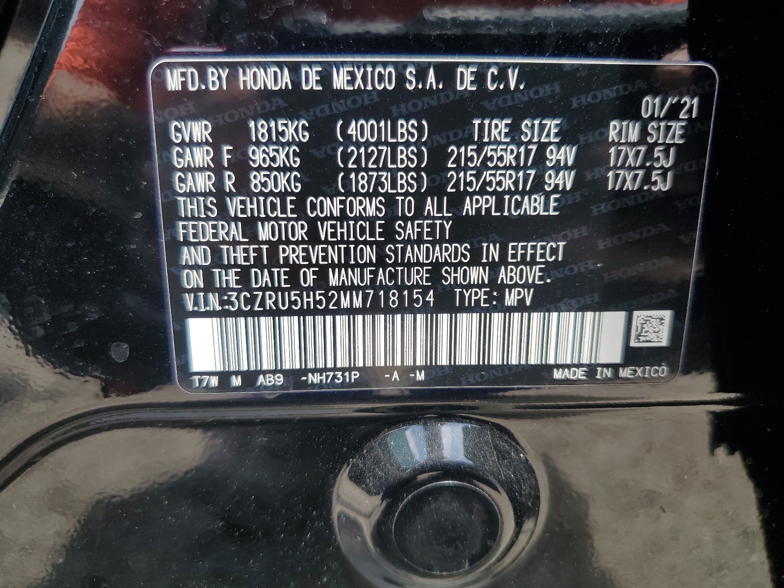 3CZRU5H52MM718154 2021 Honda Hr-V Ex