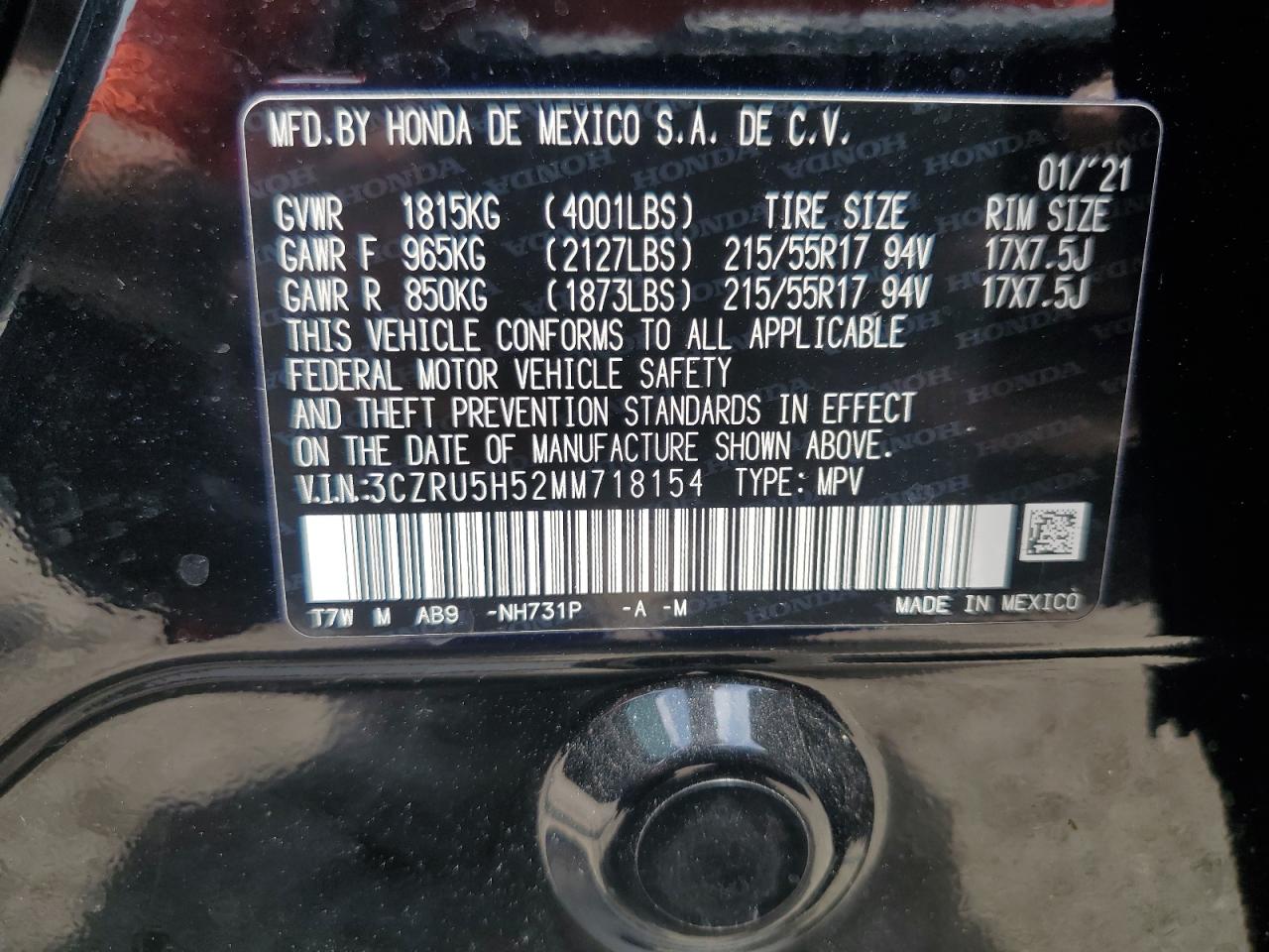 2021 Honda Hr-V Ex VIN: 3CZRU5H52MM718154 Lot: 65745004