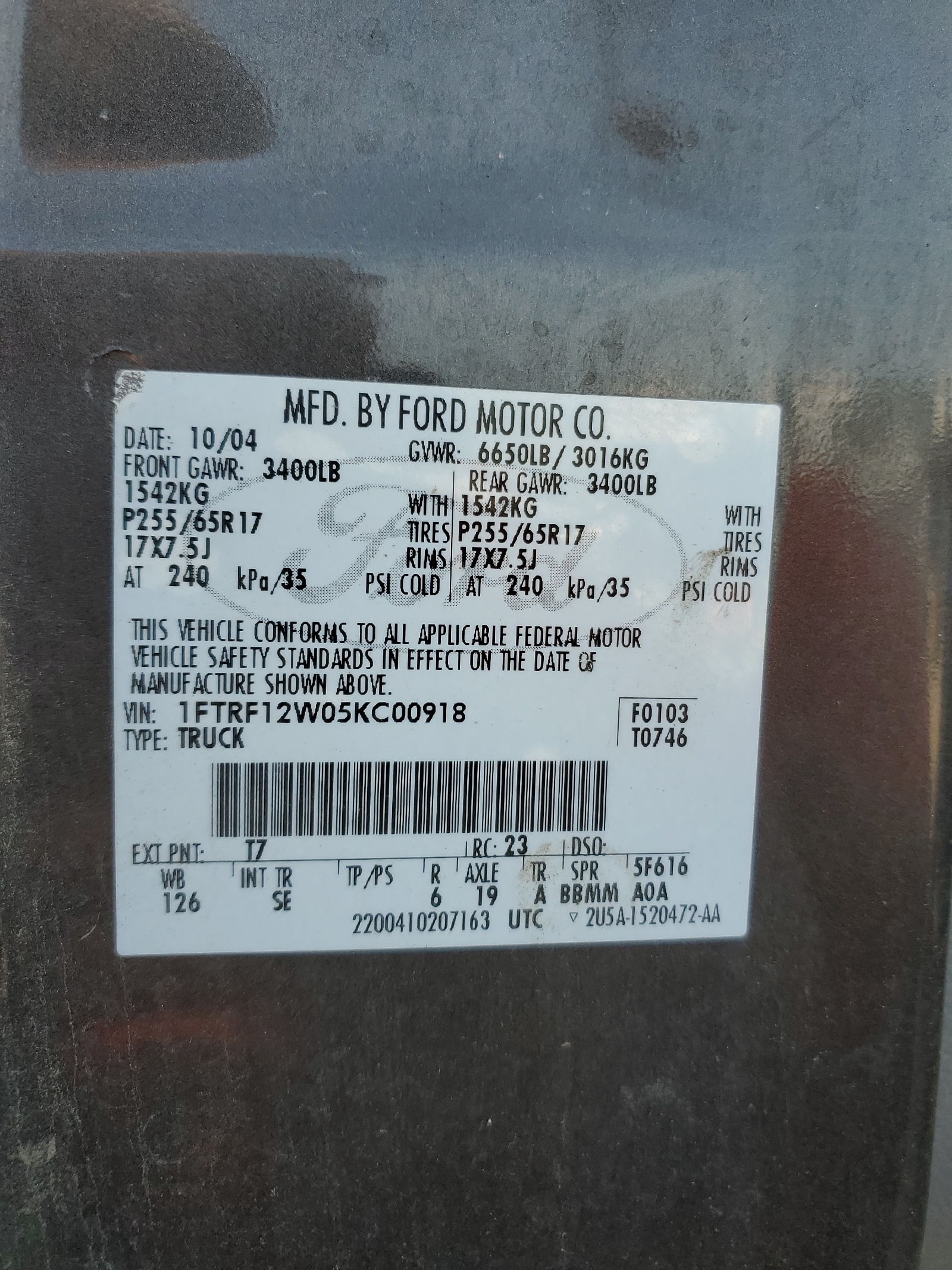 1FTRF12W05KC00918 2005 Ford F150 1FTRF12W05KC00918 2005 Ford F150