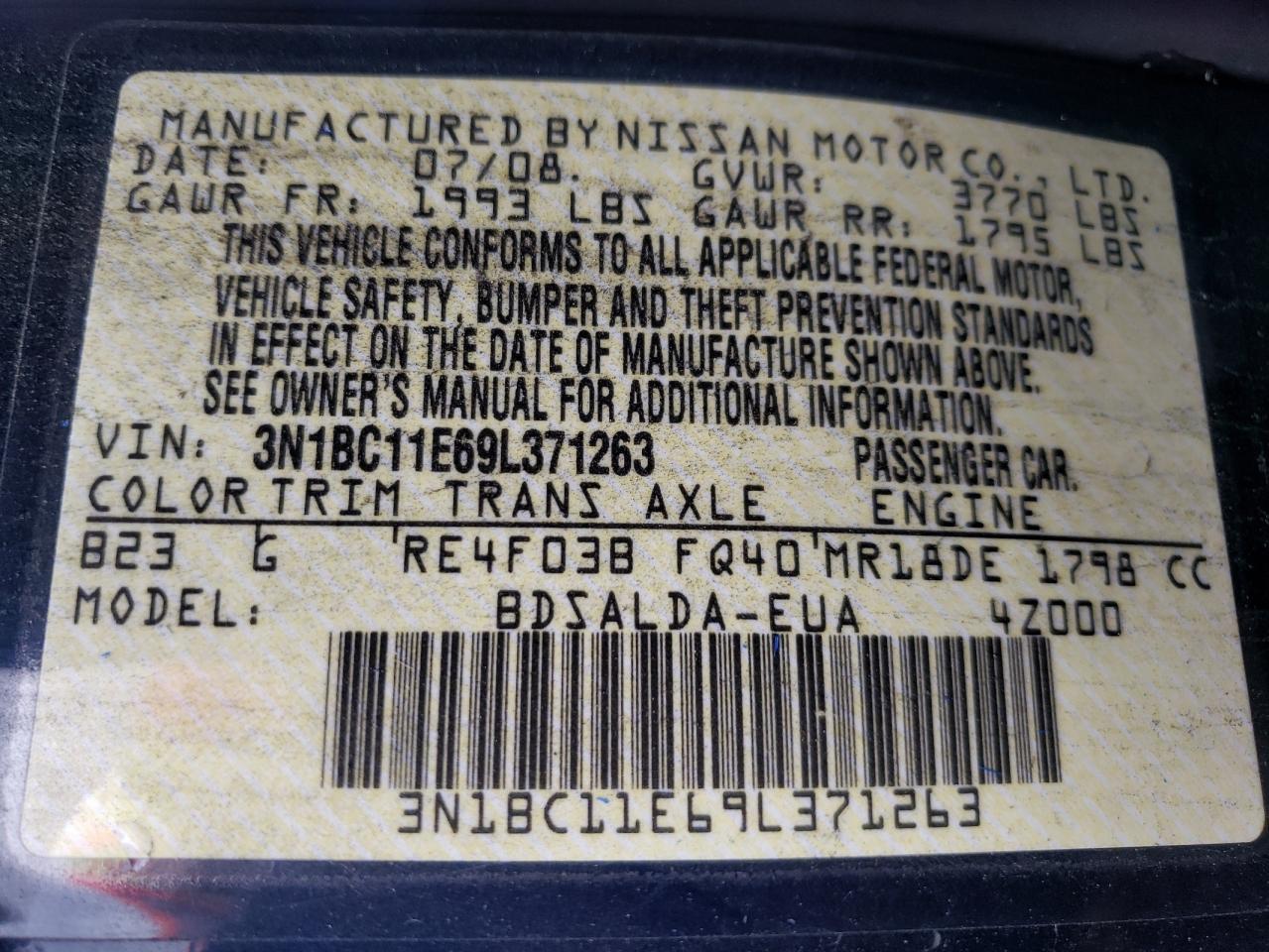 2009 Nissan Versa S VIN: 3N1BC11E69L371263 Lot: 66776694