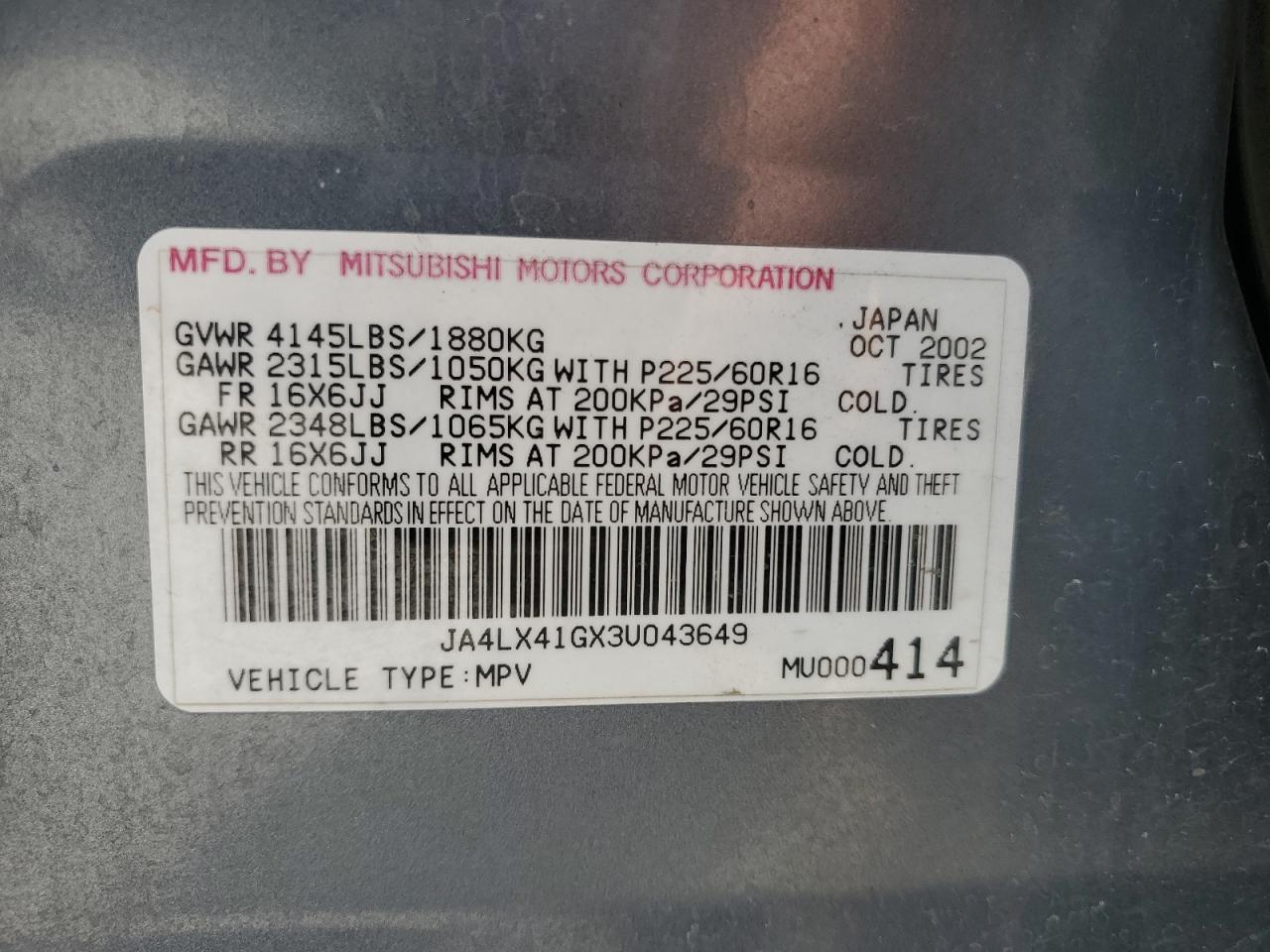 JA4LX41GX3U043649 2003 Mitsubishi Outlander Xls