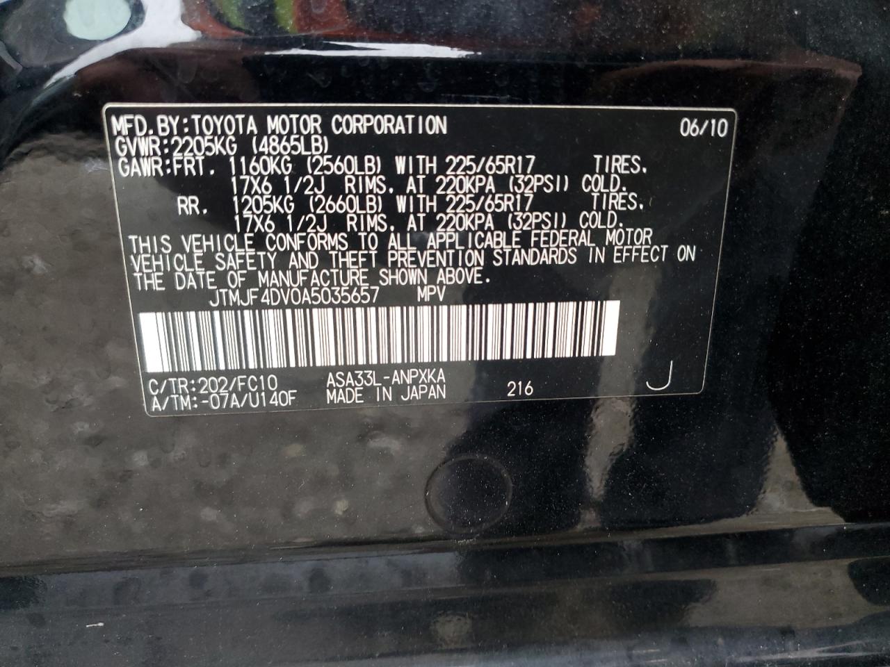 2010 Toyota Rav4 VIN: JTMJF4DV0A5035657 Lot: 66343274