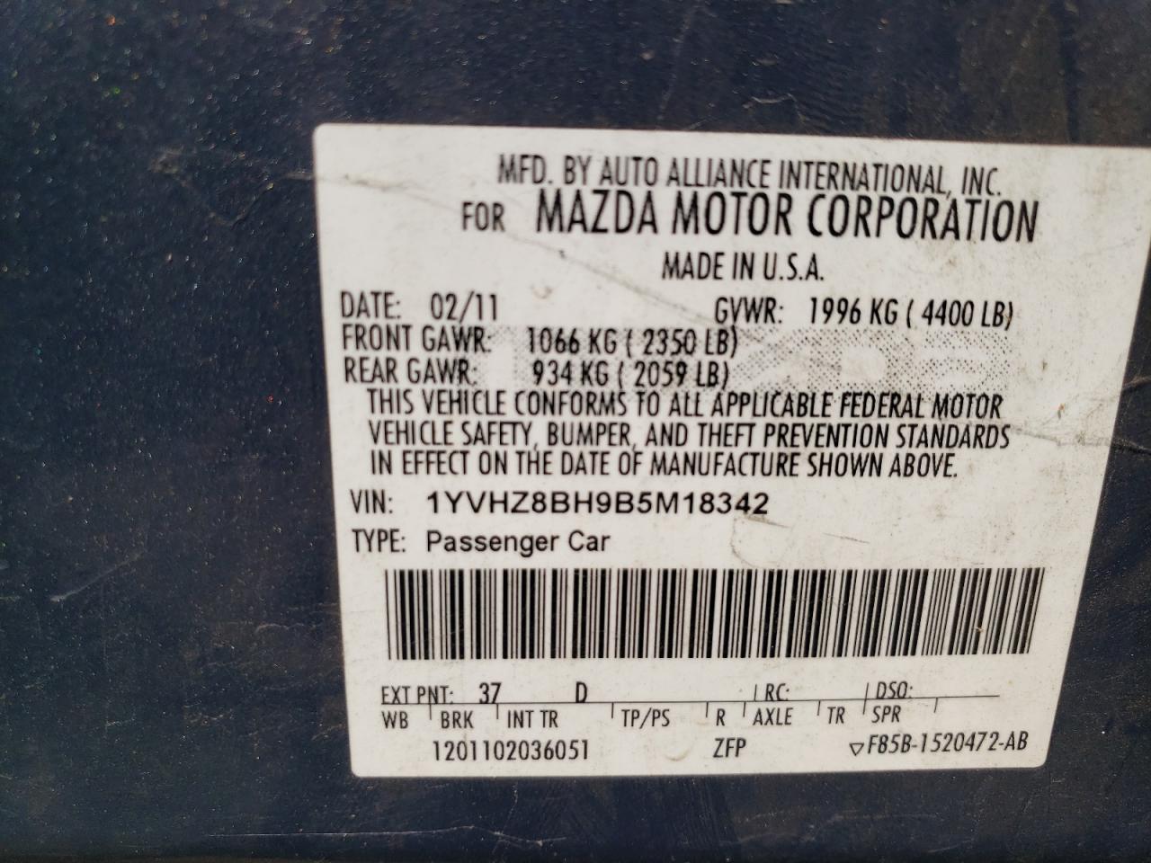 2011 Mazda 6 I VIN: 1YVHZ8BH9B5M18342 Lot: 66603494