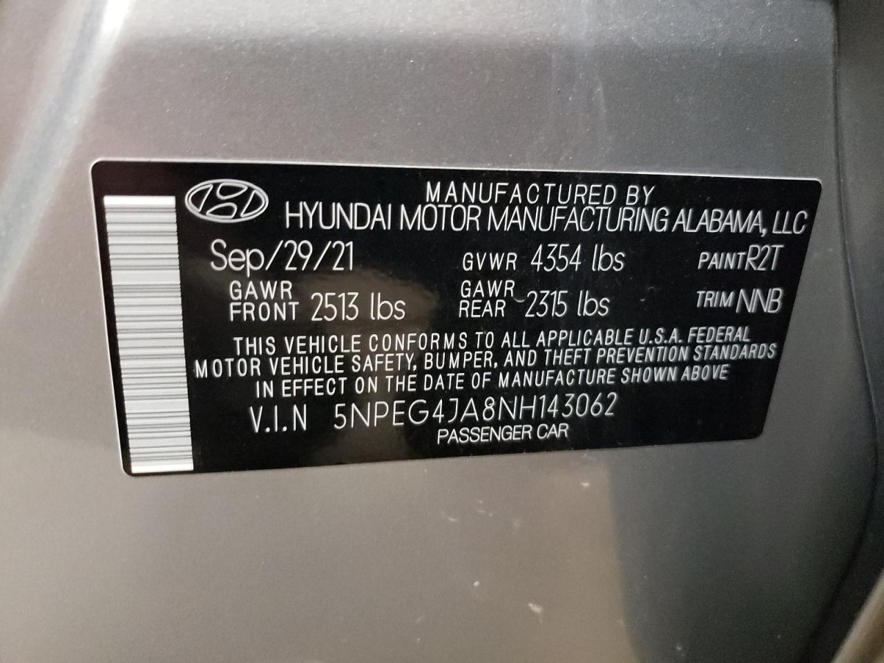 5NPEG4JA8NH143062 2022 Hyundai Sonata Se