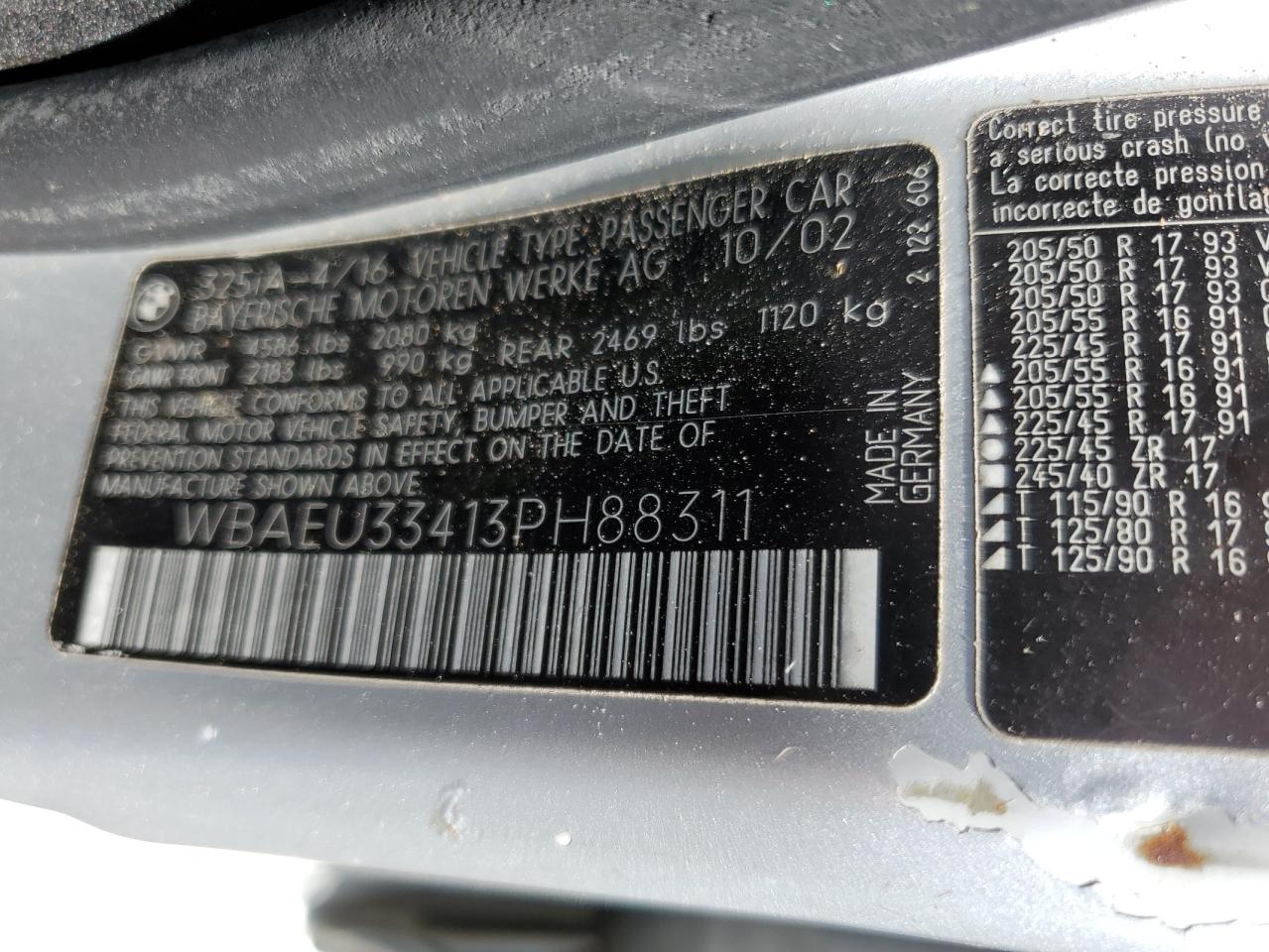 2003 BMW 325 Xi VIN: WBAEU33413PH88311 Lot: 68362874