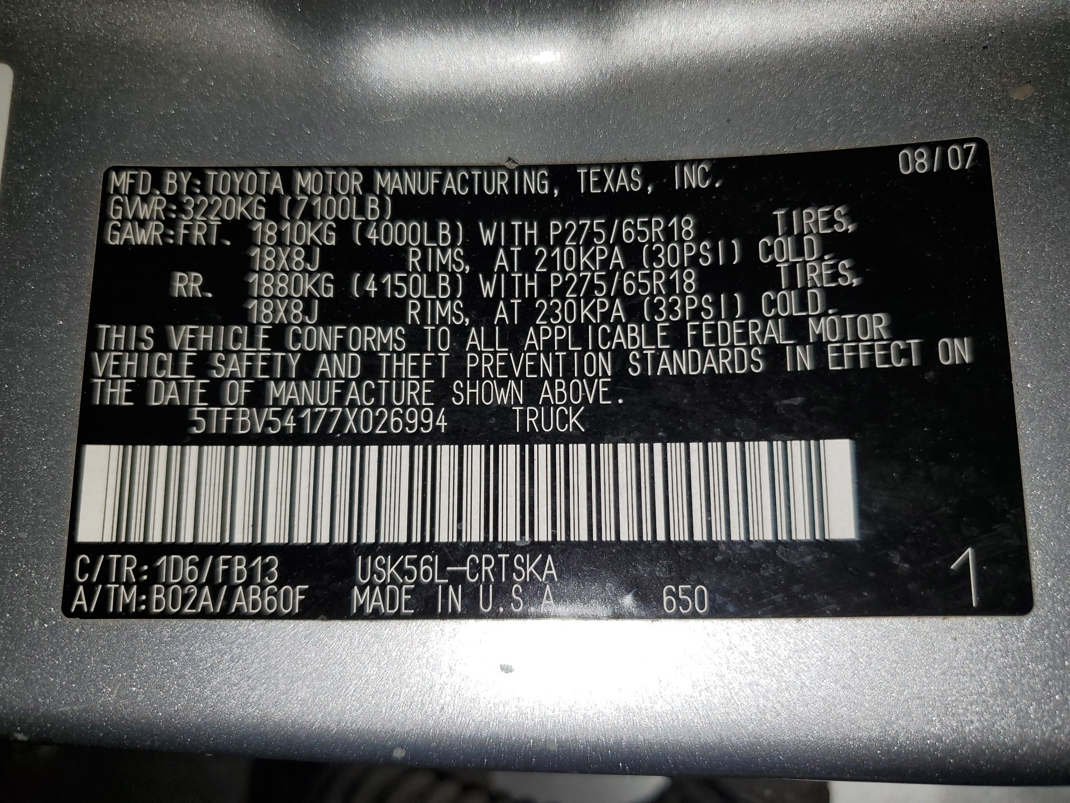 5TFBV54177X026994 2007 Toyota Tundra Double Cab Sr5