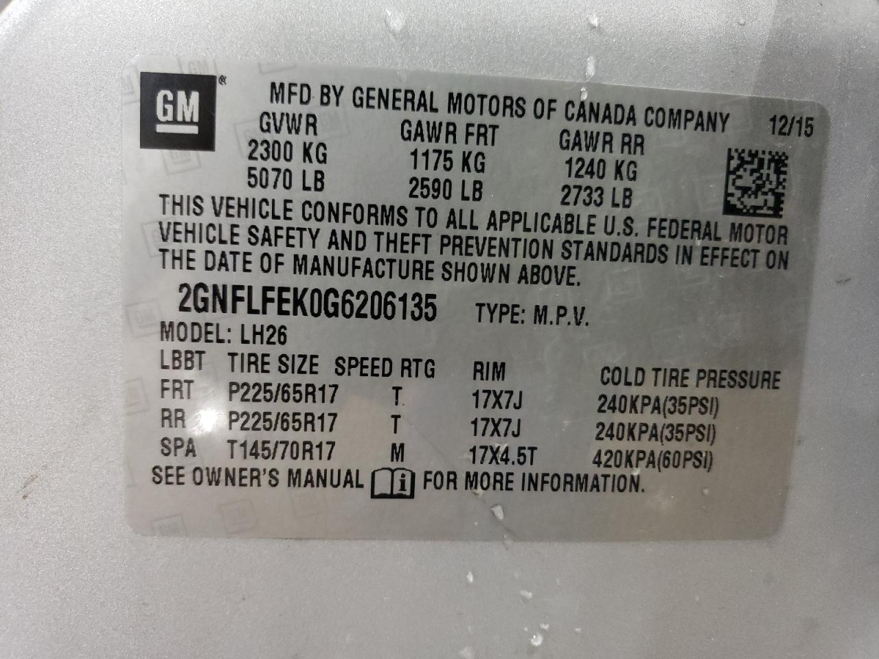 2GNFLFEK0G6206135 2016 Chevrolet Equinox Lt