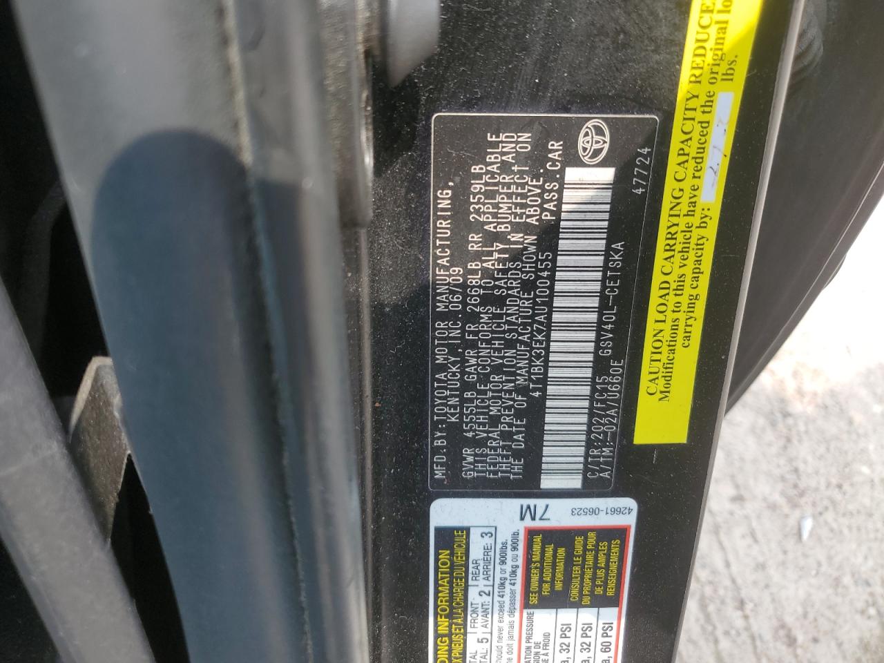 4T1BK3EK7AU100455 2010 Toyota Camry Se