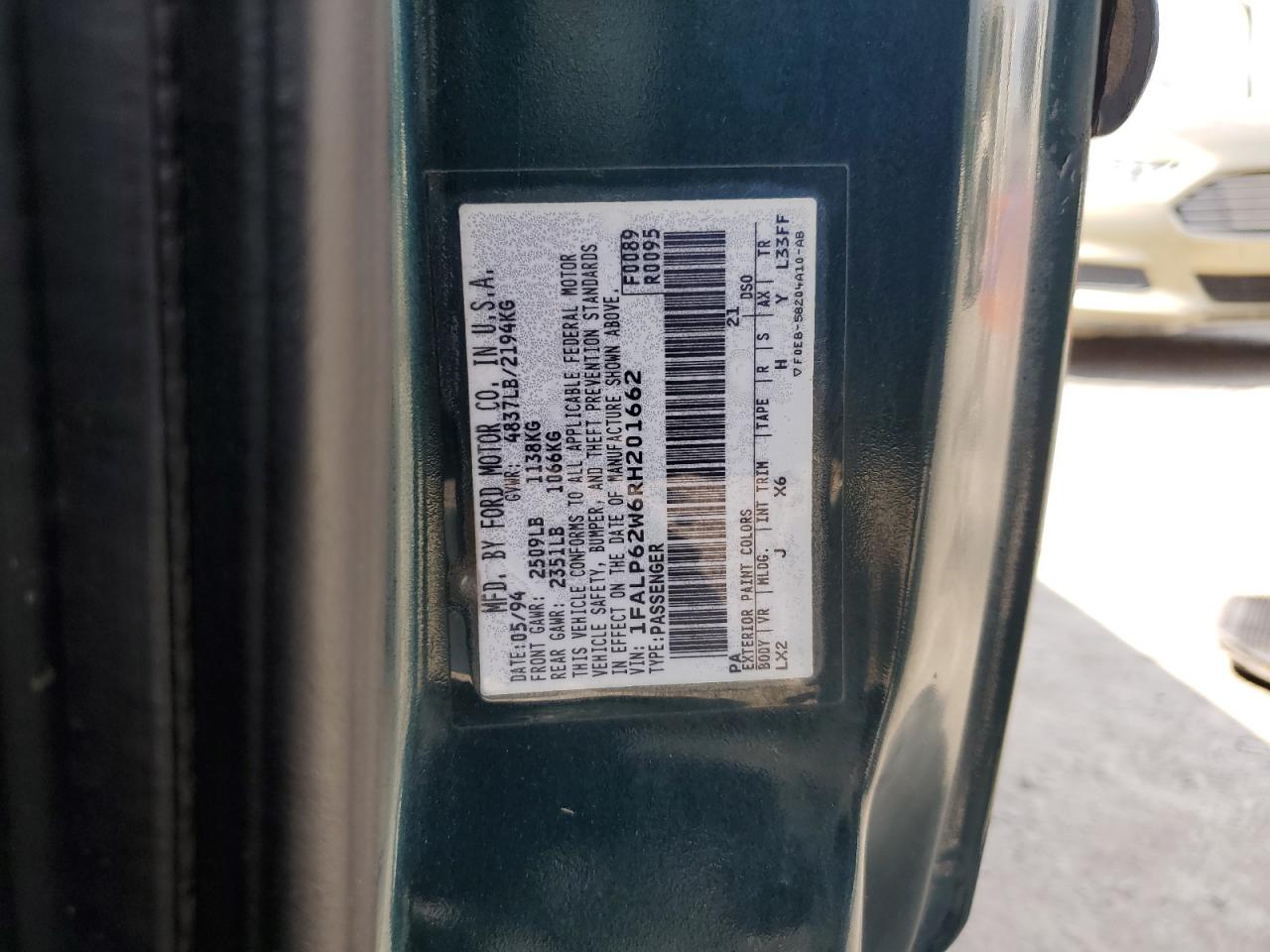 1994 Ford Thunderbird Lx VIN: 1FALP62W6RH201662 Lot: 67279924