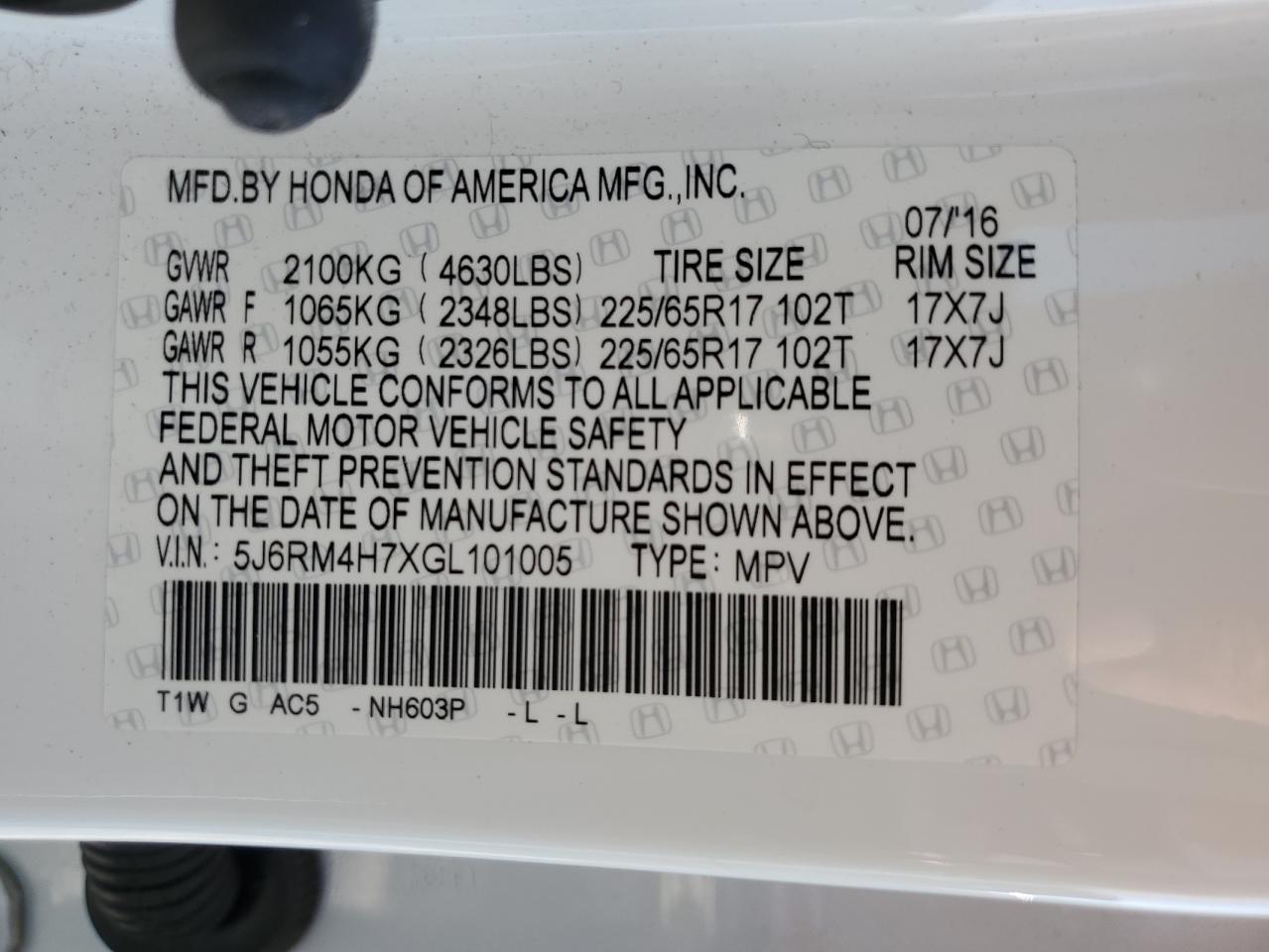 5J6RM4H7XGL101005 2016 Honda Cr-V Exl