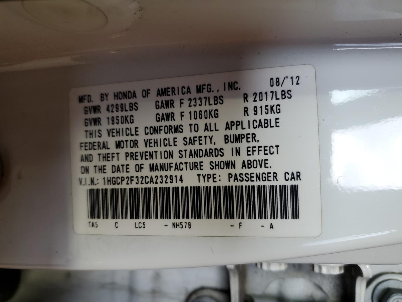 1HGCP2F32CA232914 2012 Honda Accord Lx