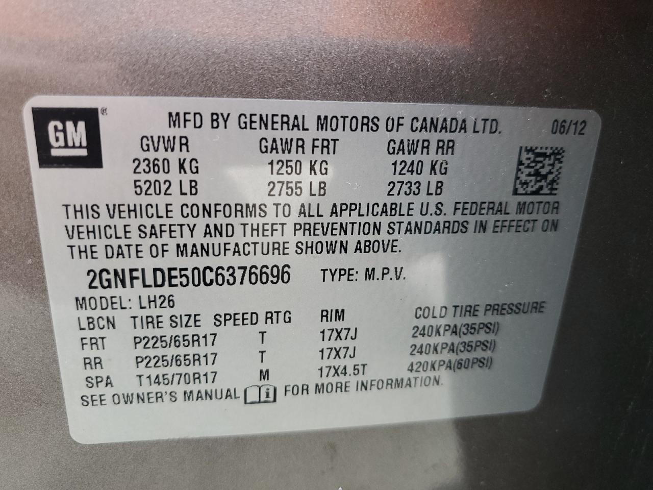 2GNFLDE50C6376696 2012 Chevrolet Equinox Lt