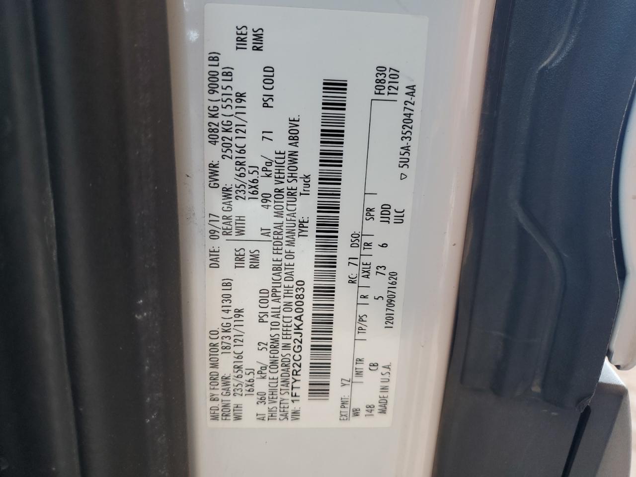 2018 Ford Transit T-250 VIN: 1FTYR2CG2JKA00830 Lot: 68492584