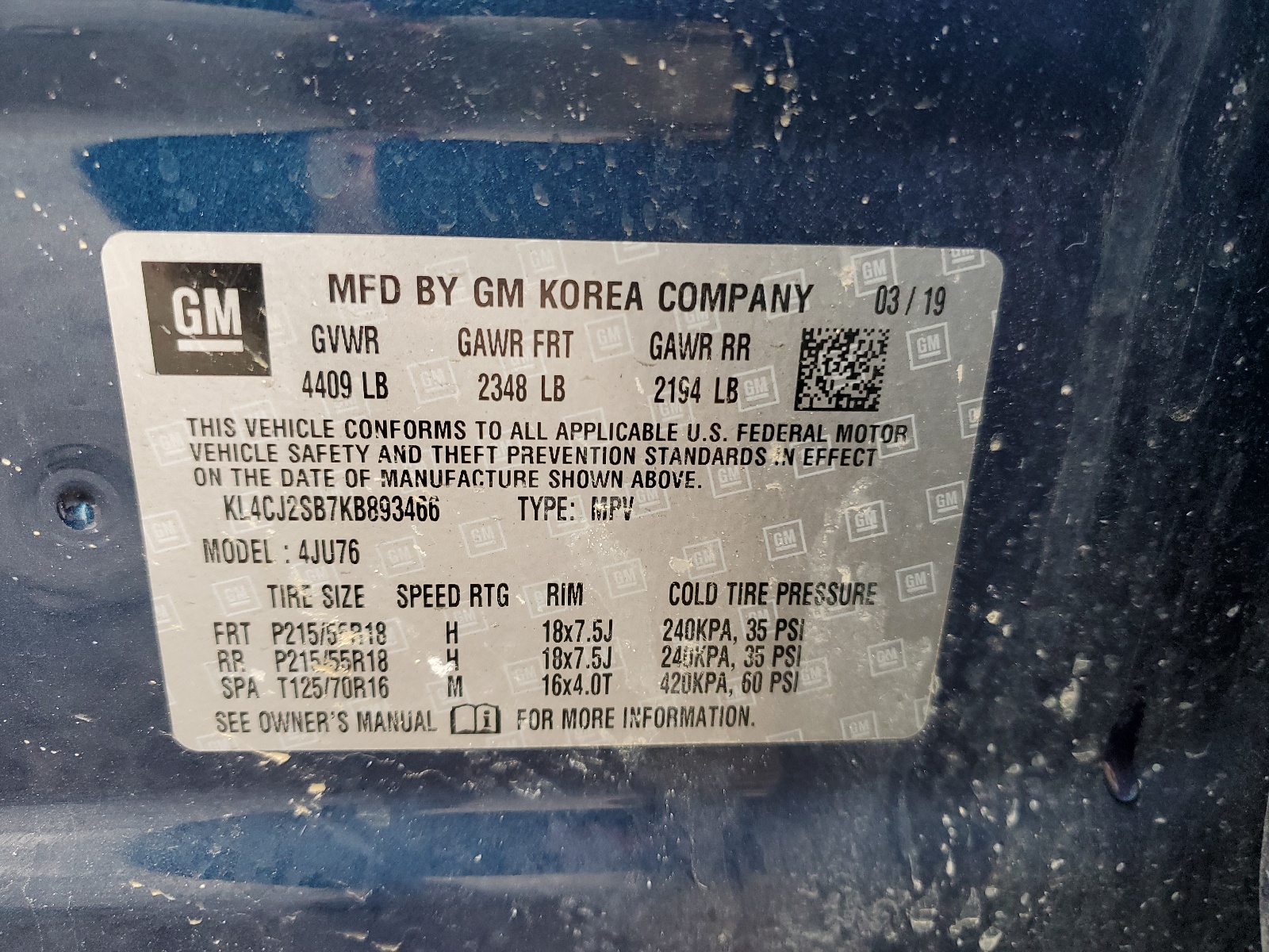 KL4CJ2SB7KB893466 2019 Buick Encore Sport Touring