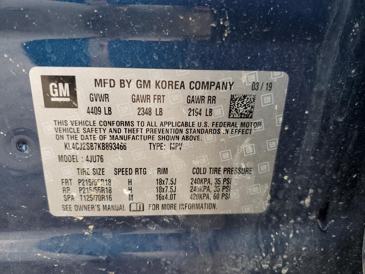 2019 Buick Encore Sport Touring VIN: KL4CJ2SB7KB893466 Lot: 65362954