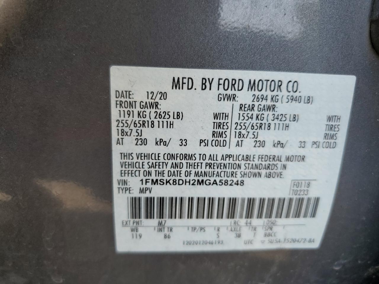 2021 Ford Explorer Xlt VIN: 1FMSK8DH2MGA58248 Lot: 69172374