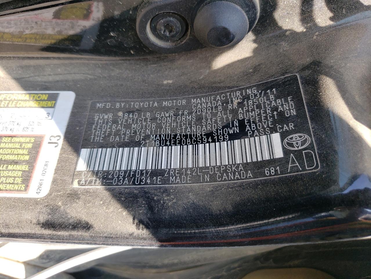 2T1BU4EE0BC594199 2011 Toyota Corolla Base