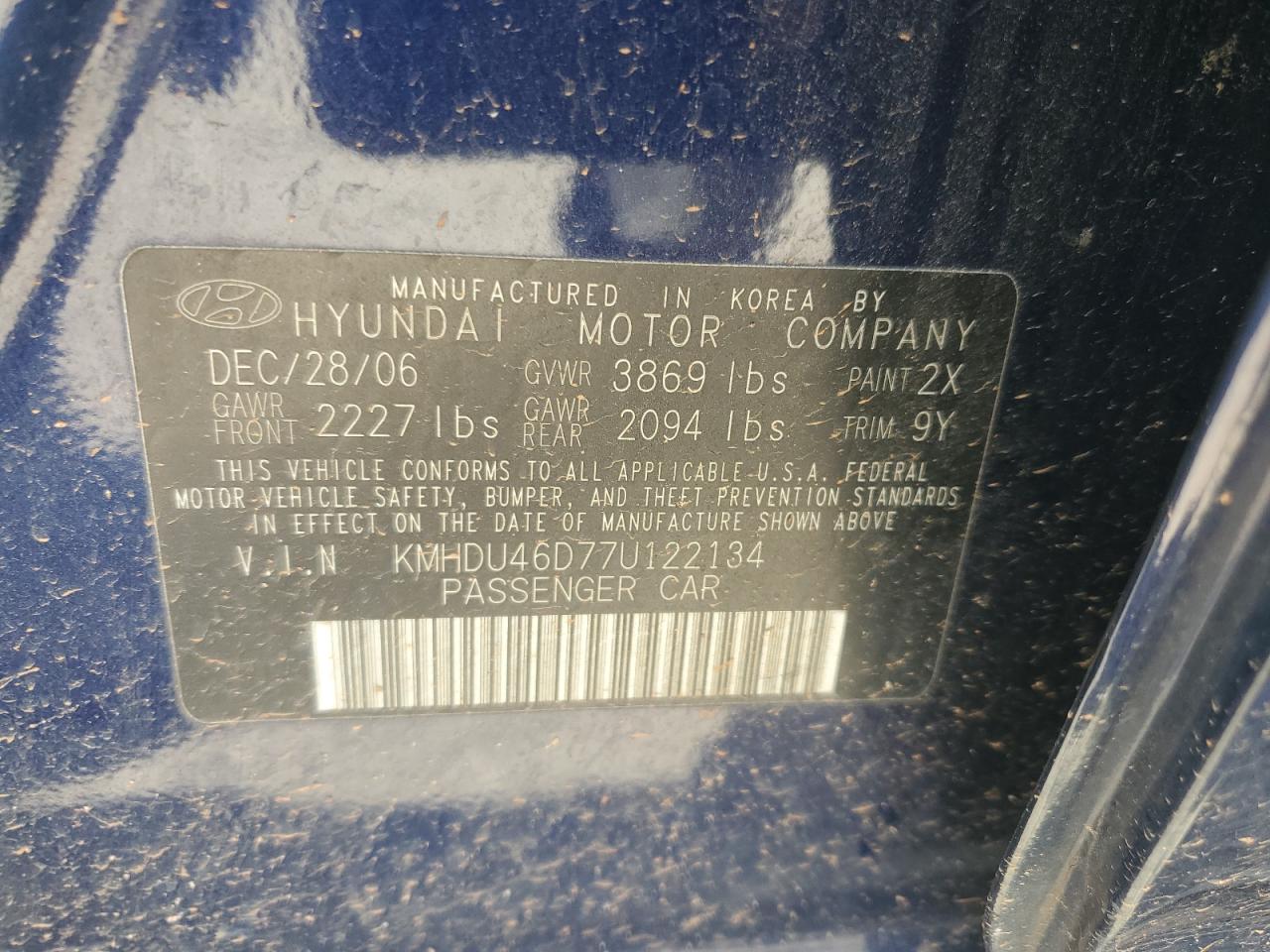 2007 Hyundai Elantra Gls VIN: KMHDU46D77U122134 Lot: 68106964