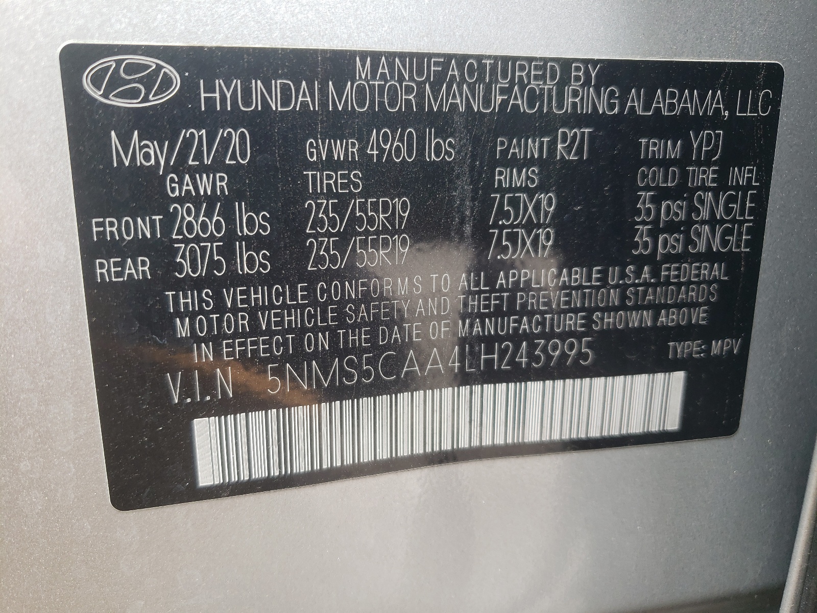 5NMS5CAA4LH243995 2020 Hyundai Santa Fe Limited