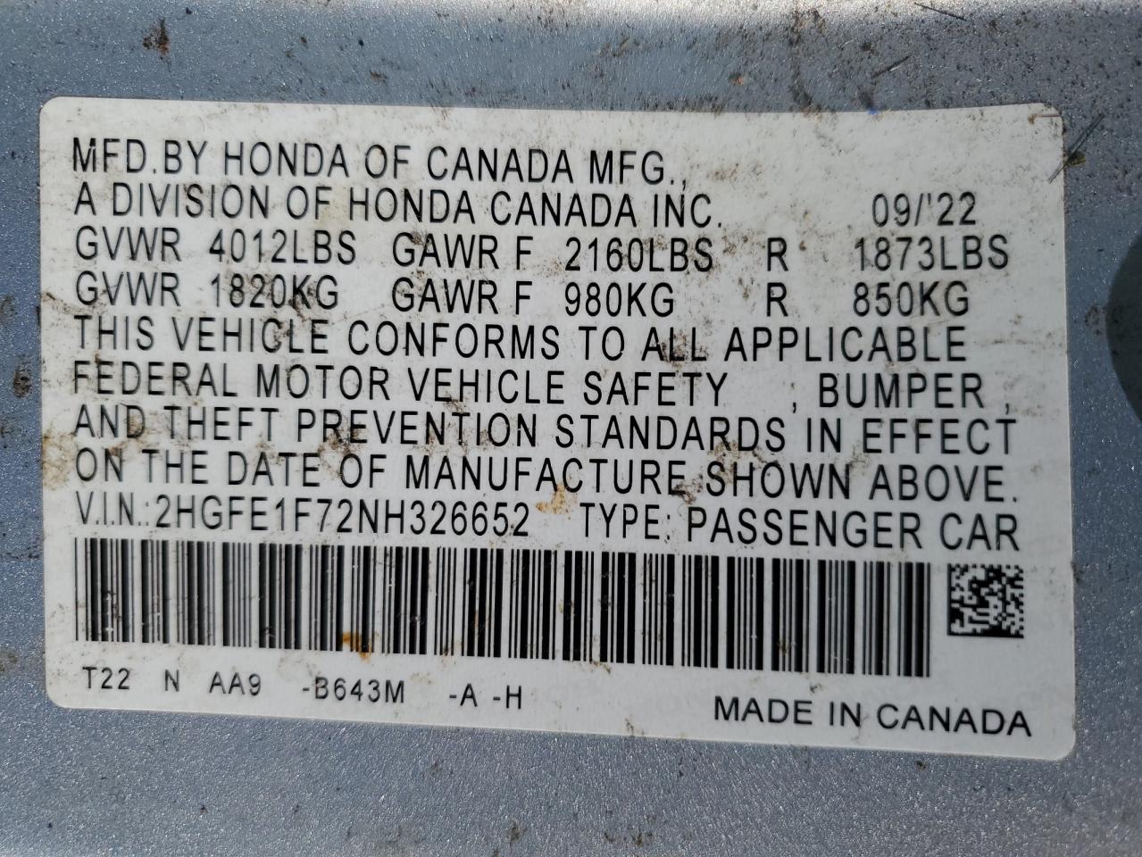 2HGFE1F72NH326652 2022 Honda Civic Ex