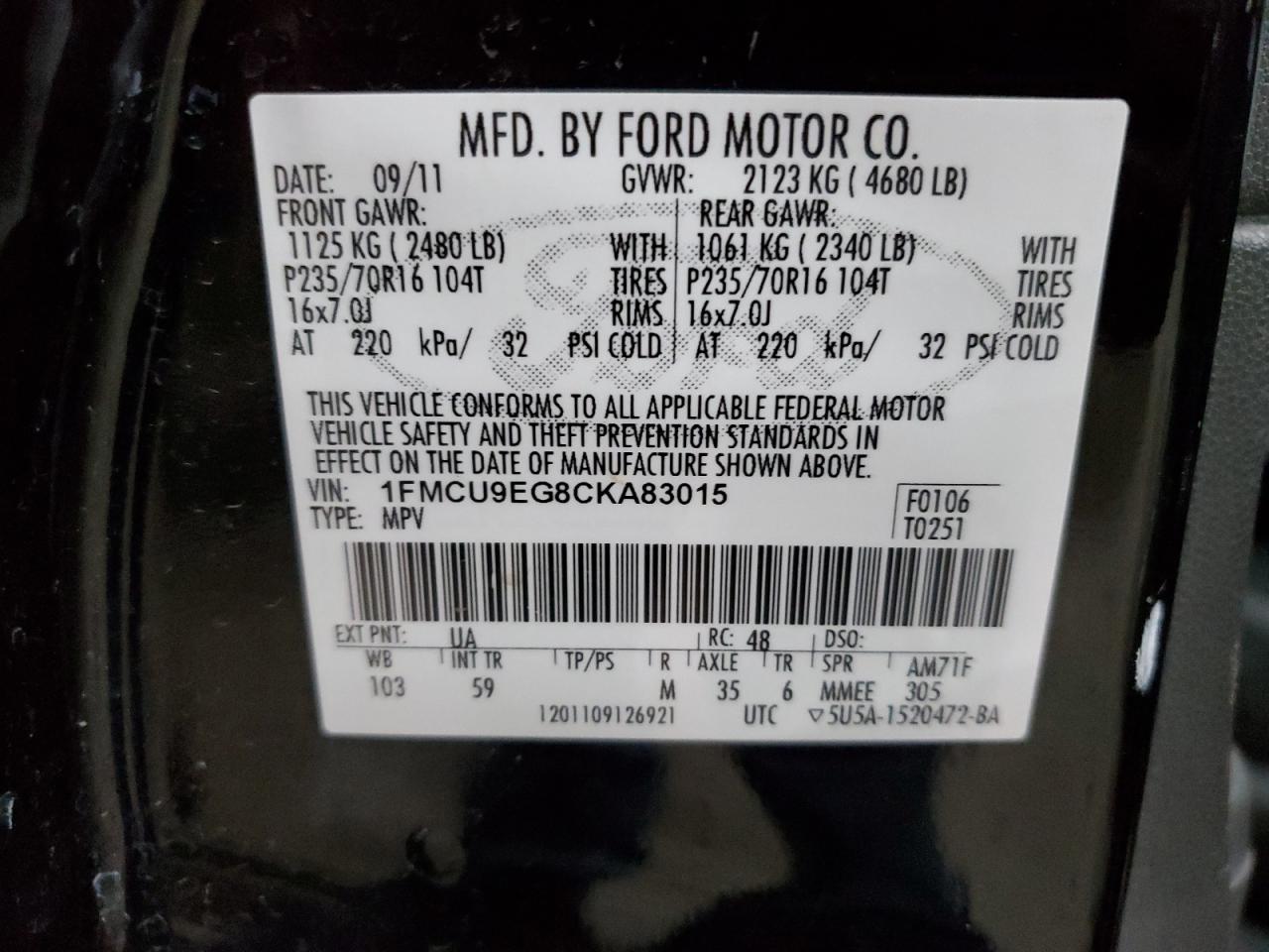 2012 Ford Escape Limited VIN: 1FMCU9EG8CKA83015 Lot: 66150794